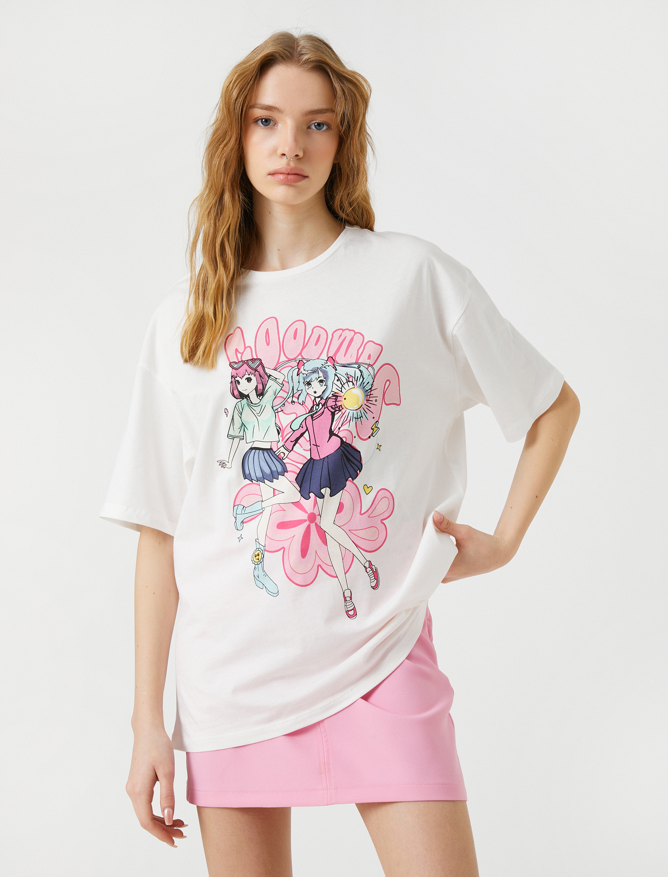   Oversize Anime Tişört Baskılı Kısa Kollu Bisiklet Yaka Pamuklu