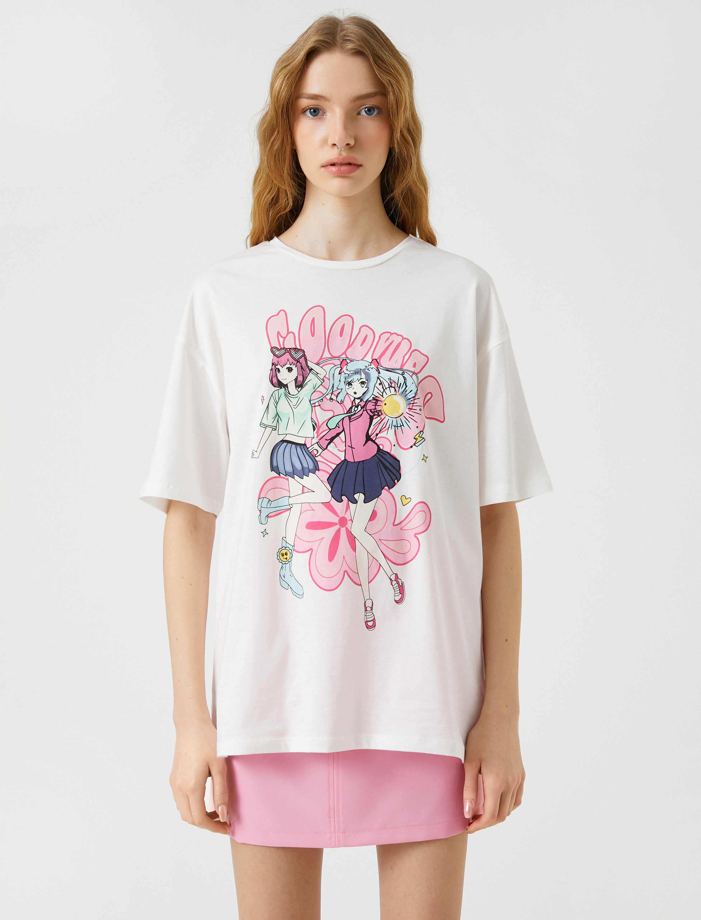   Oversize Anime Tişört Baskılı Kısa Kollu Bisiklet Yaka Pamuklu