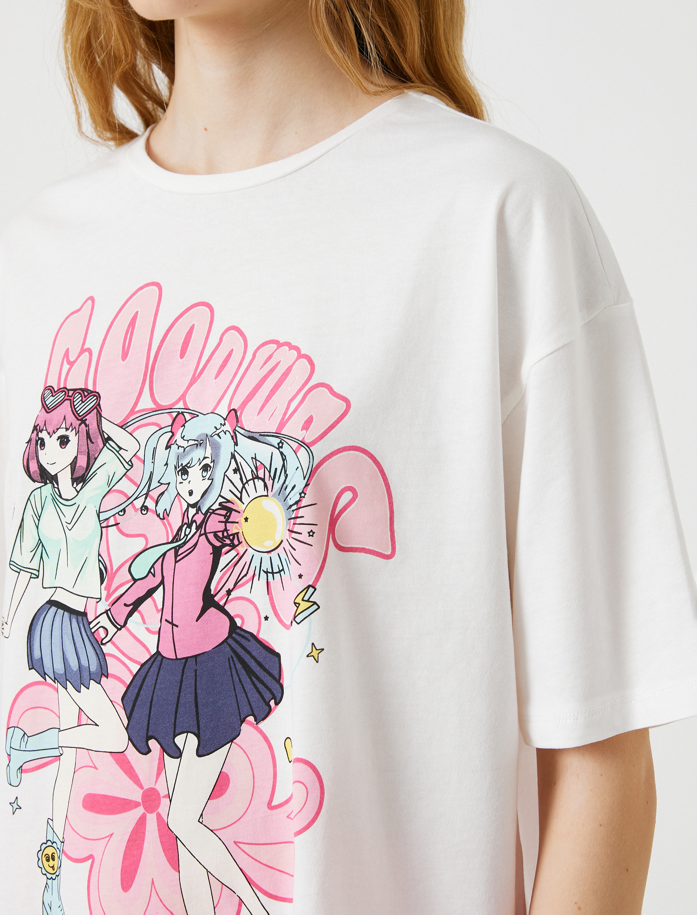   Oversize Anime Tişört Baskılı Kısa Kollu Bisiklet Yaka Pamuklu