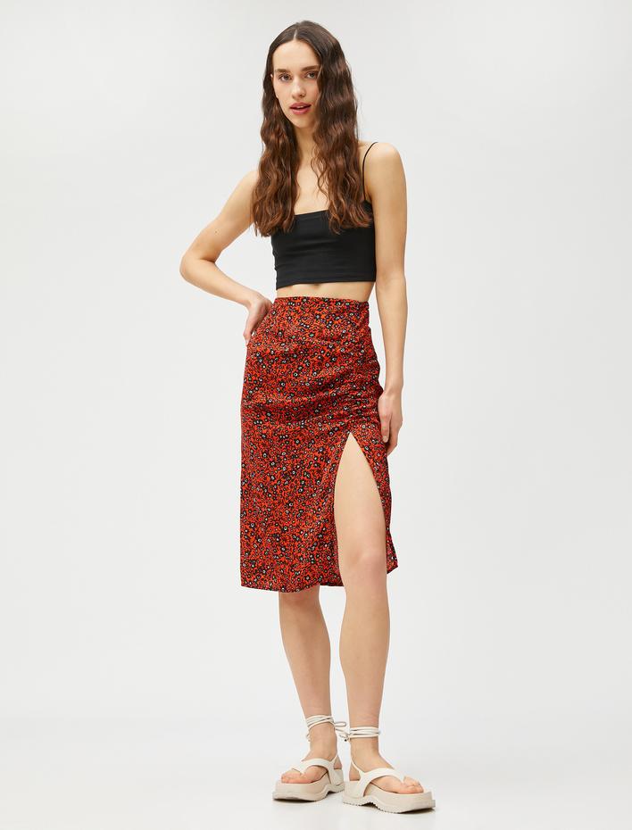  Midi Etek Çiçekli Yırtmaç Detaylı Drapeli