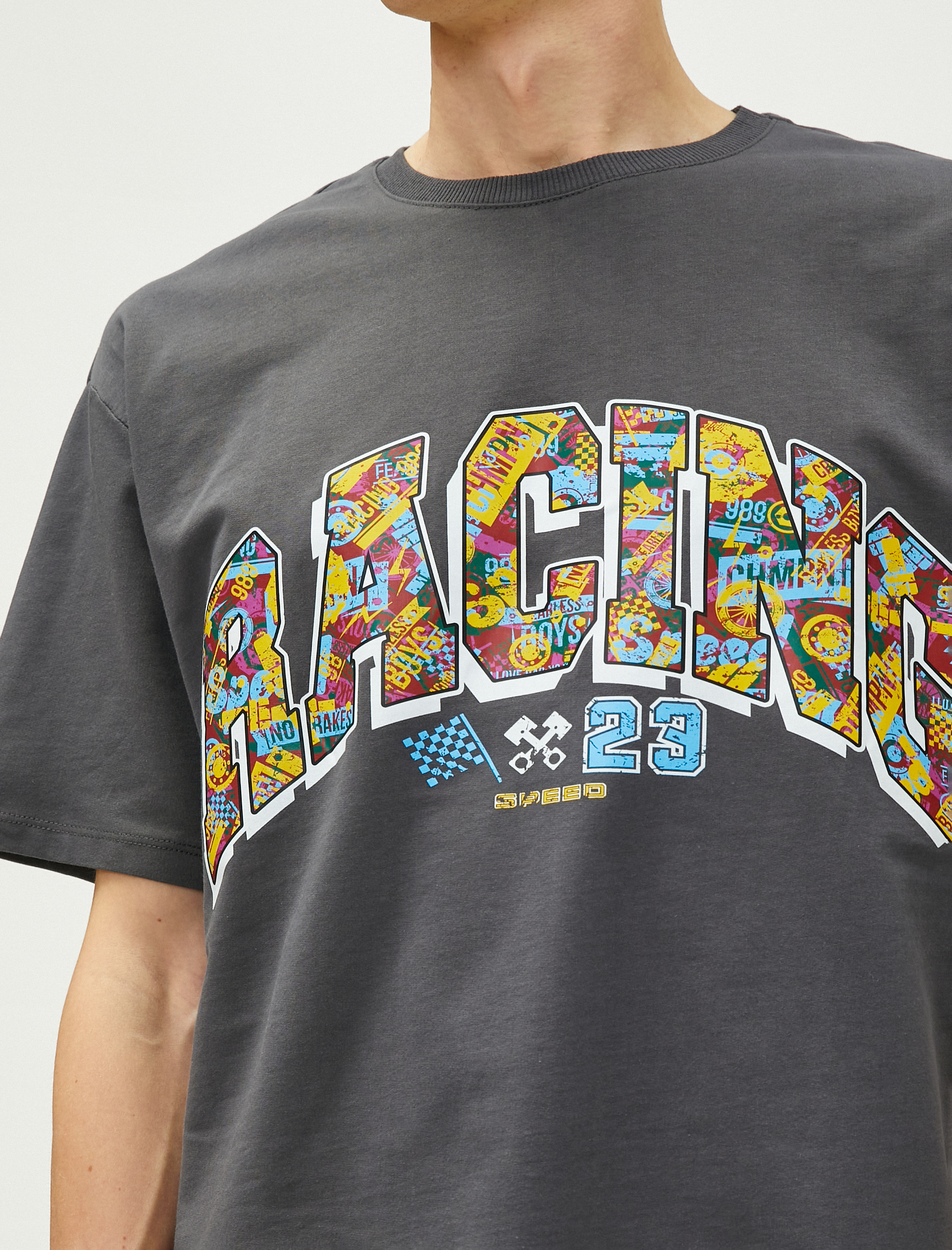   Oversize Tişört Baskılı Yarış Temalı Bisiklet Yaka Pamuklu