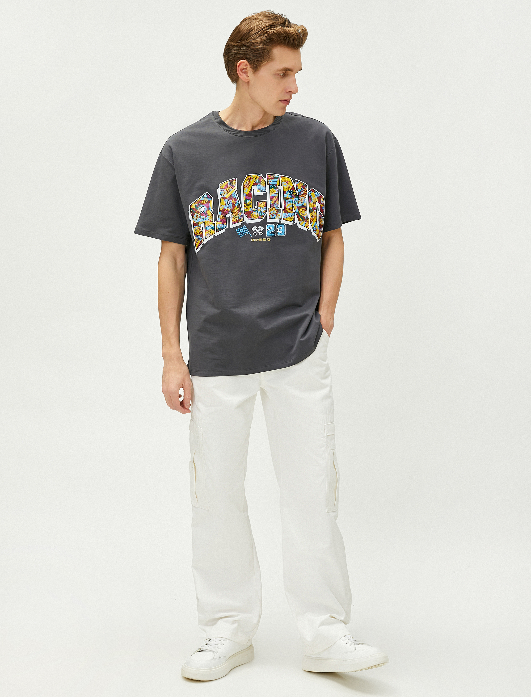   Oversize Tişört Baskılı Yarış Temalı Bisiklet Yaka Pamuklu