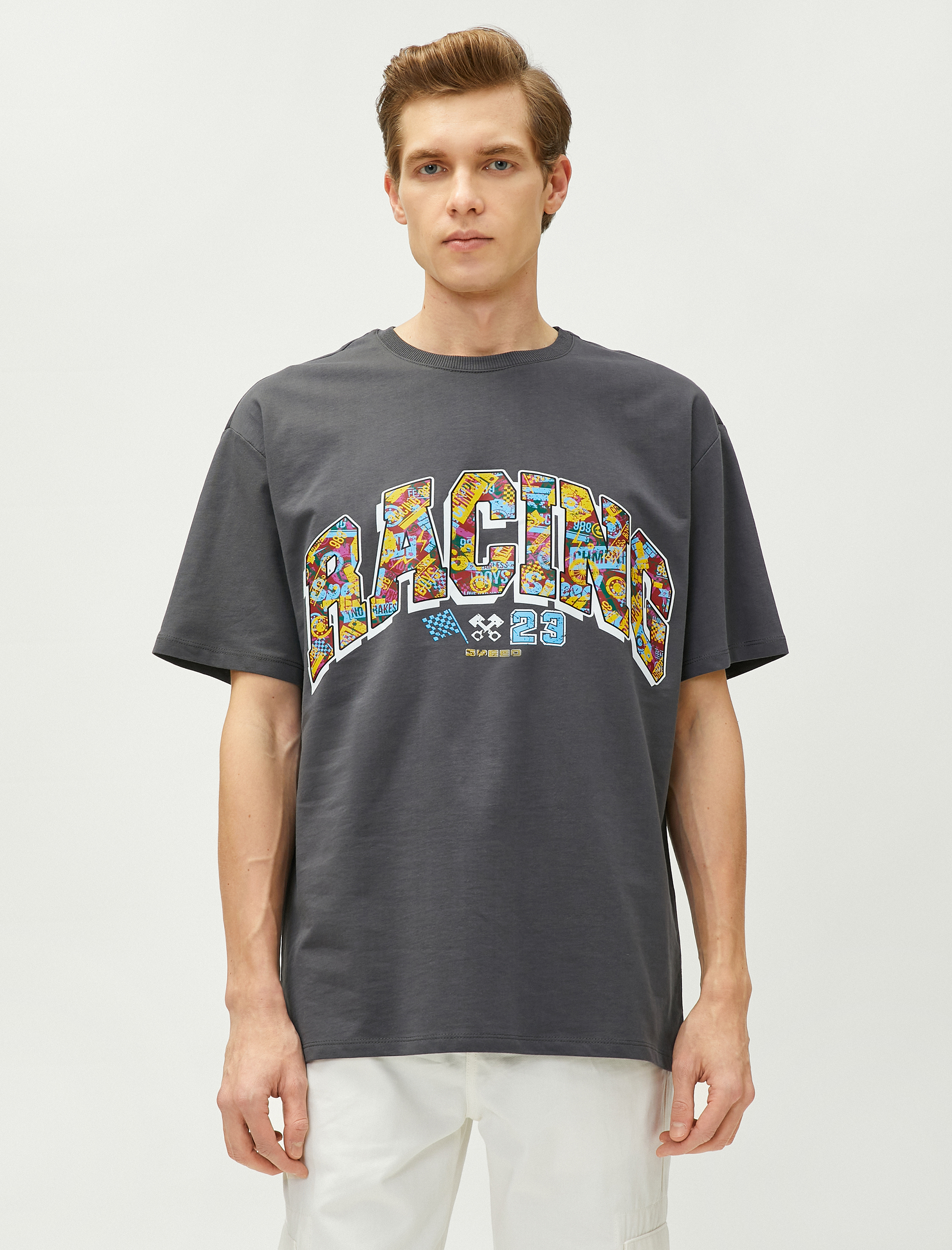   Oversize Tişört Baskılı Yarış Temalı Bisiklet Yaka Pamuklu