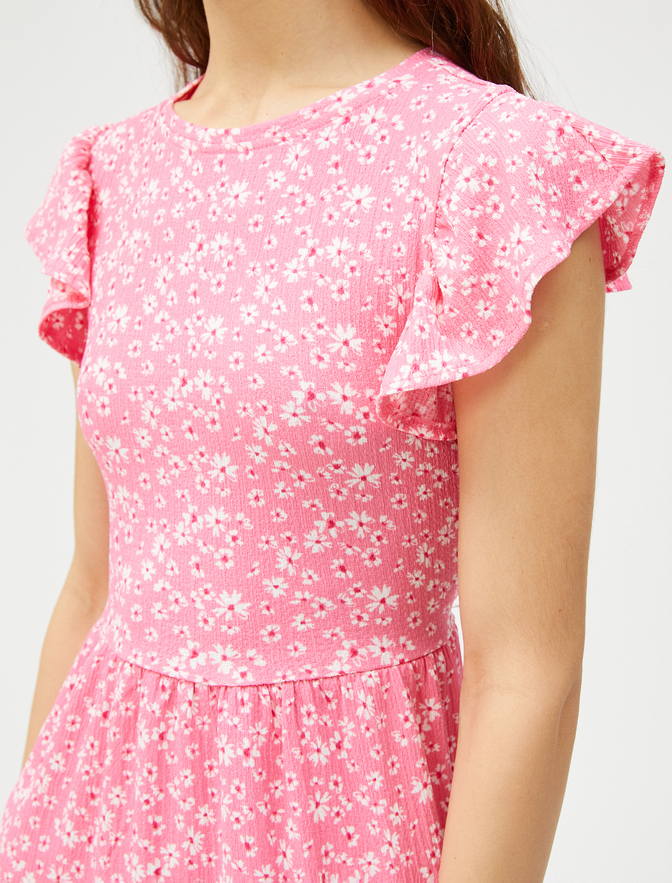   Çiçekli Elbise Mini Fırfırlı Bisiklet Yaka Bürümcük