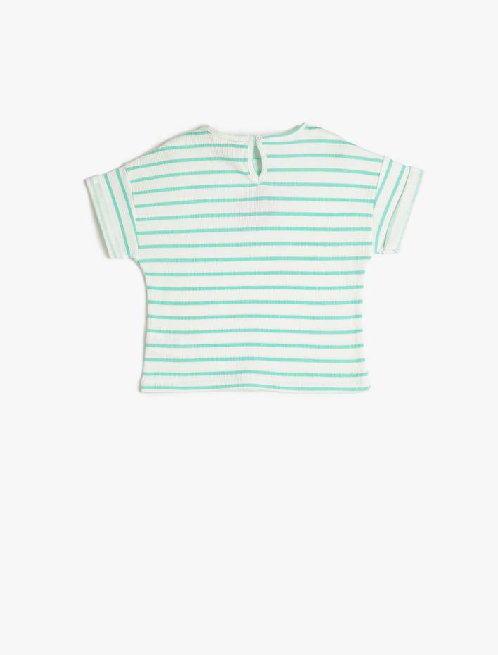 Kız Bebek Çizgili Tişört Kısa Kollu Bisiklet Yaka İşleme Detaylı Pamuklu