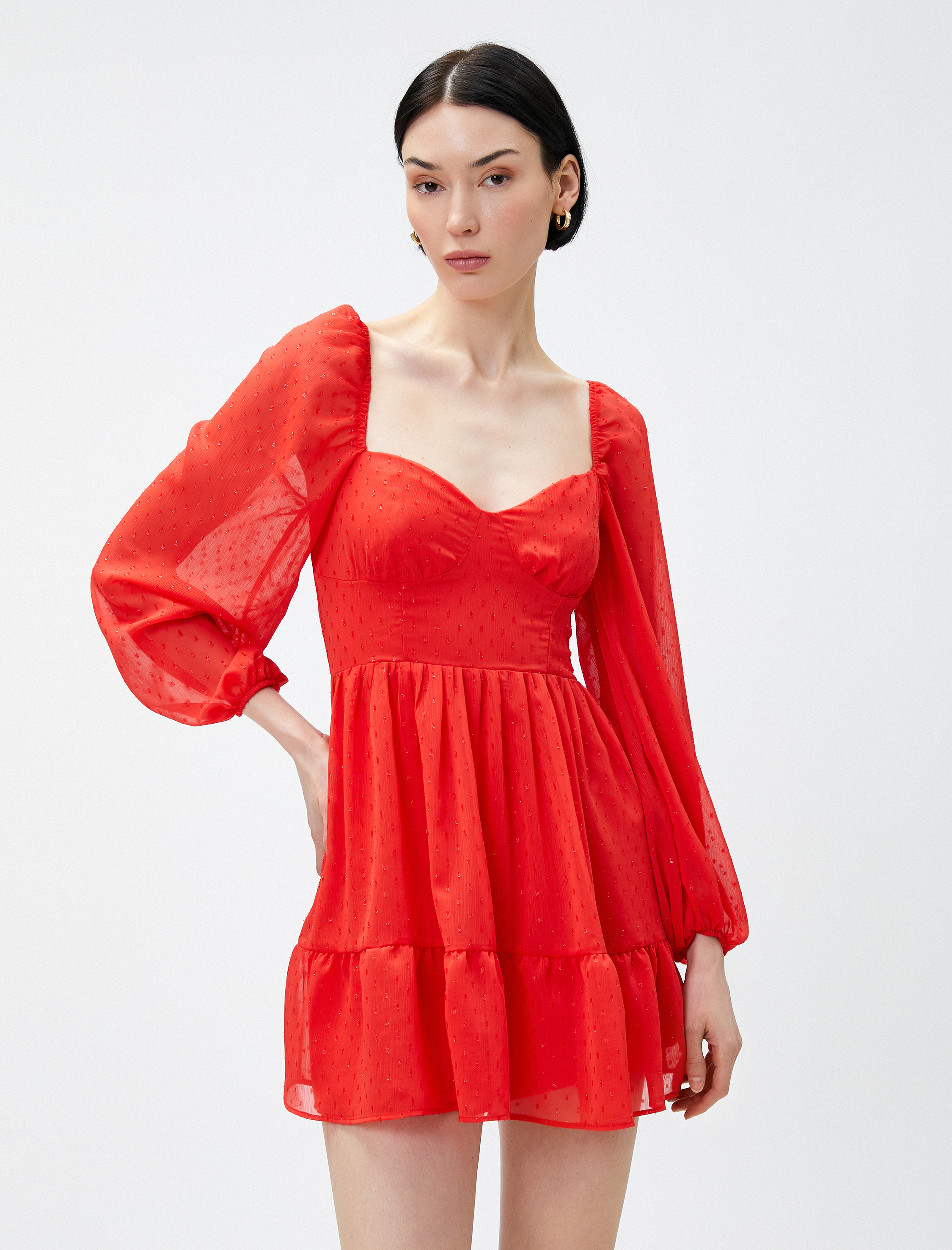   Mini Şifon Abiye Elbise Balon Kollu