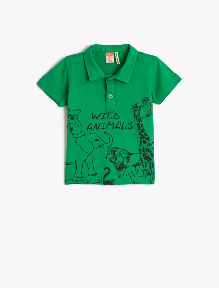  Erkek Bebek Polo Tişört Kısa Kollu Düğmeli Baskılı Pamuklu