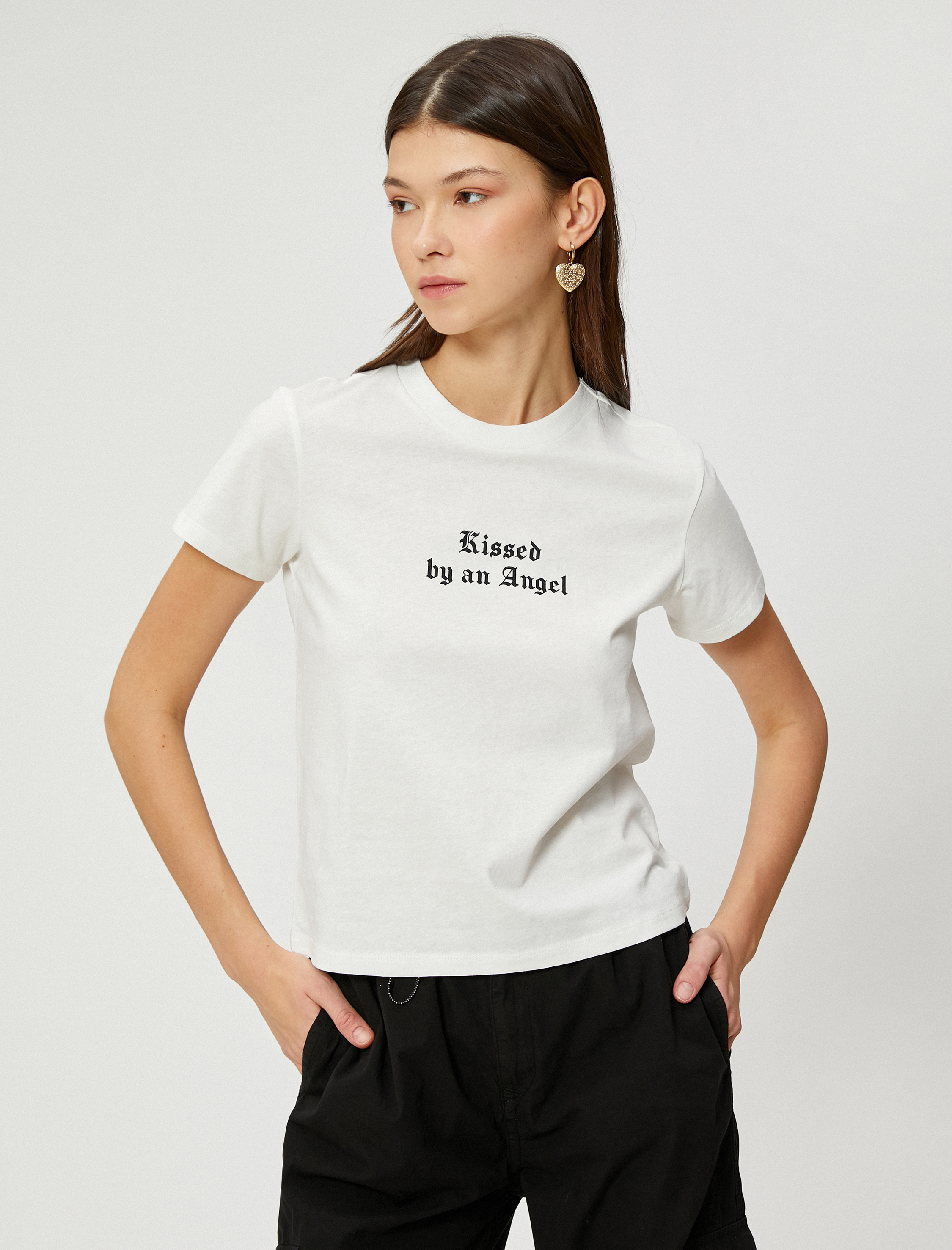   Tişört Slogan Baskılı Bisiklet Yaka Kısa Kollu Pamuklu