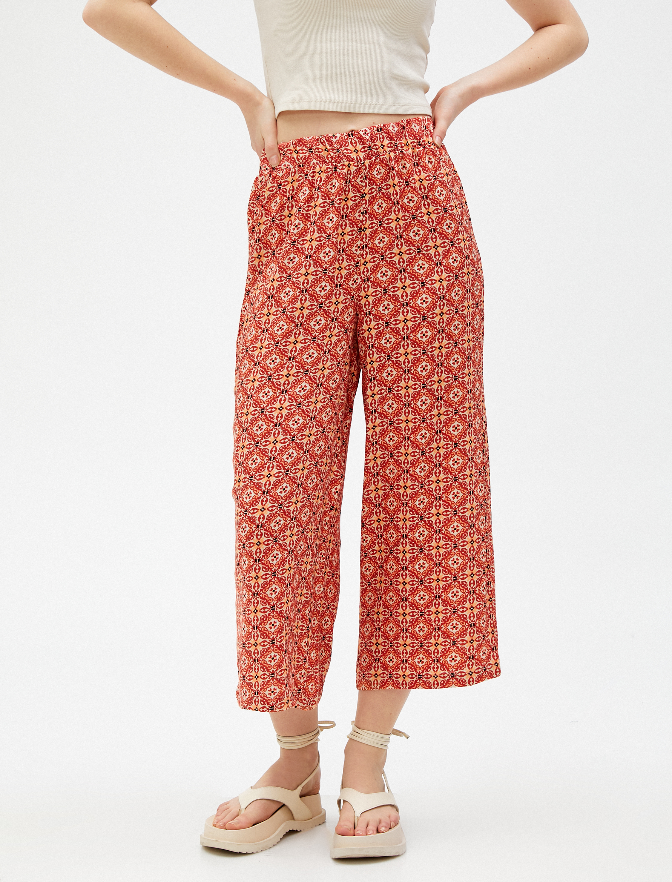   Bol Paça Pantolon Beli Lastikli Etnik Desenli Viskon