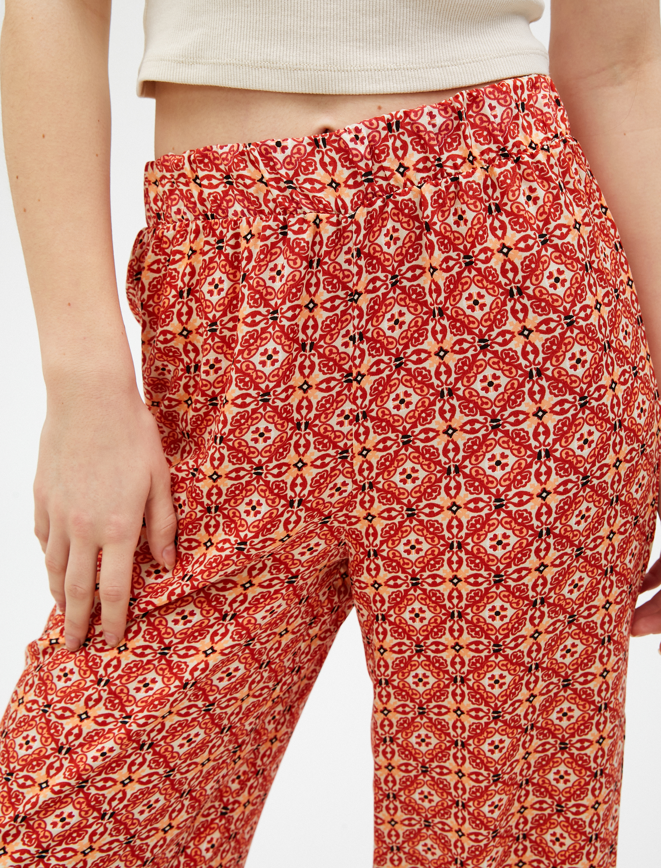   Bol Paça Pantolon Beli Lastikli Etnik Desenli Viskon