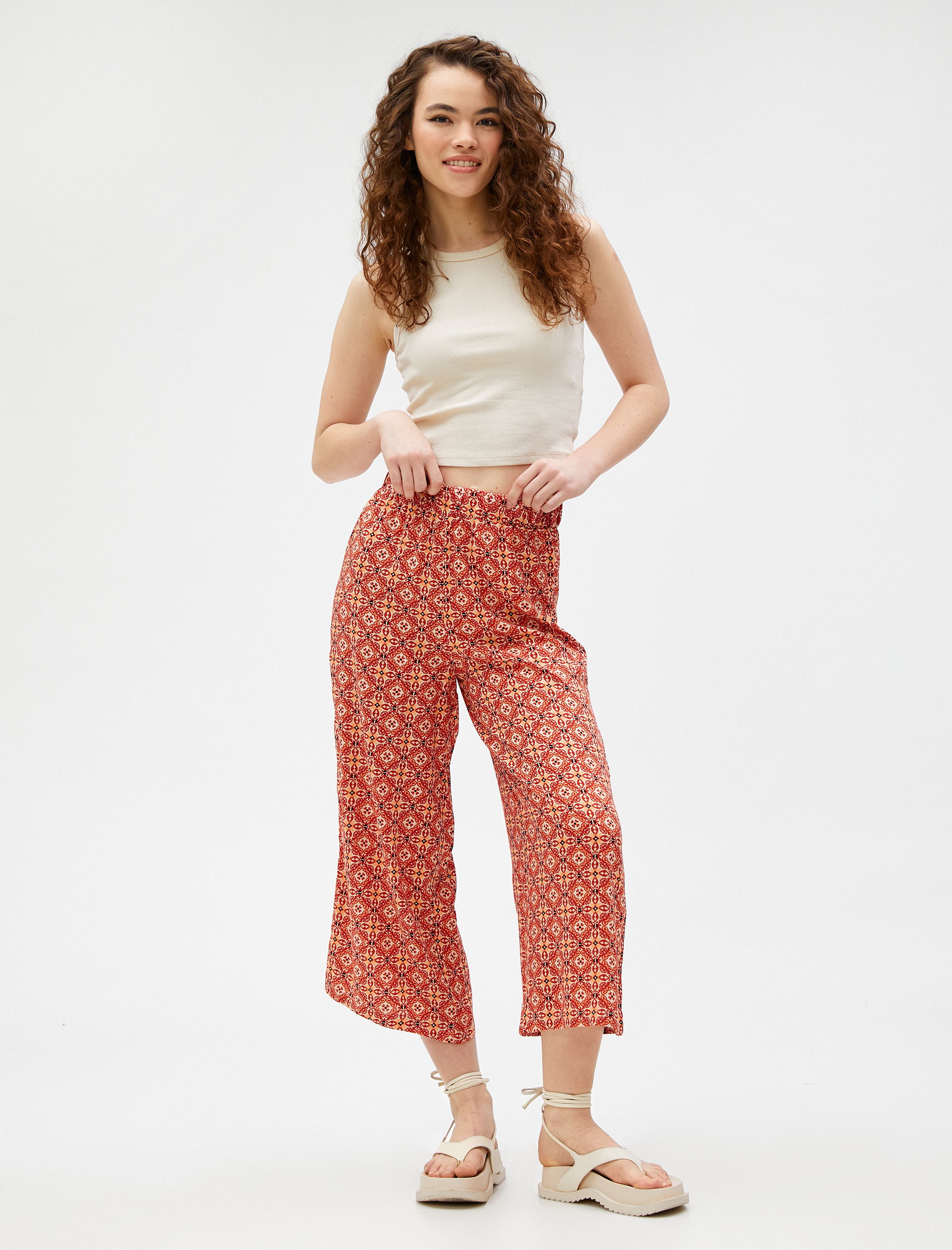   Bol Paça Pantolon Beli Lastikli Etnik Desenli Viskon