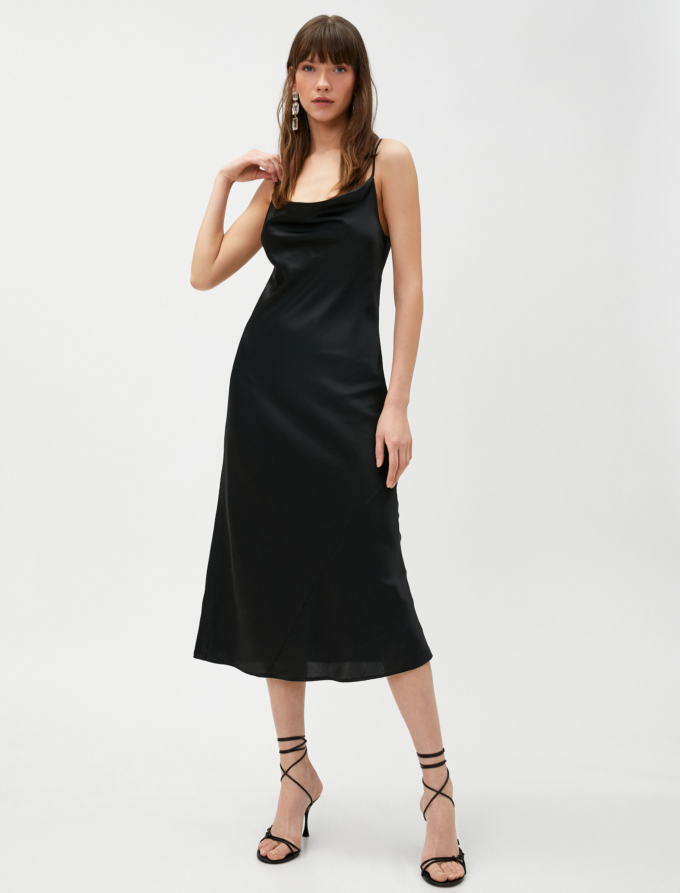 Saten Midi Boy Abiye Elbise Askılı