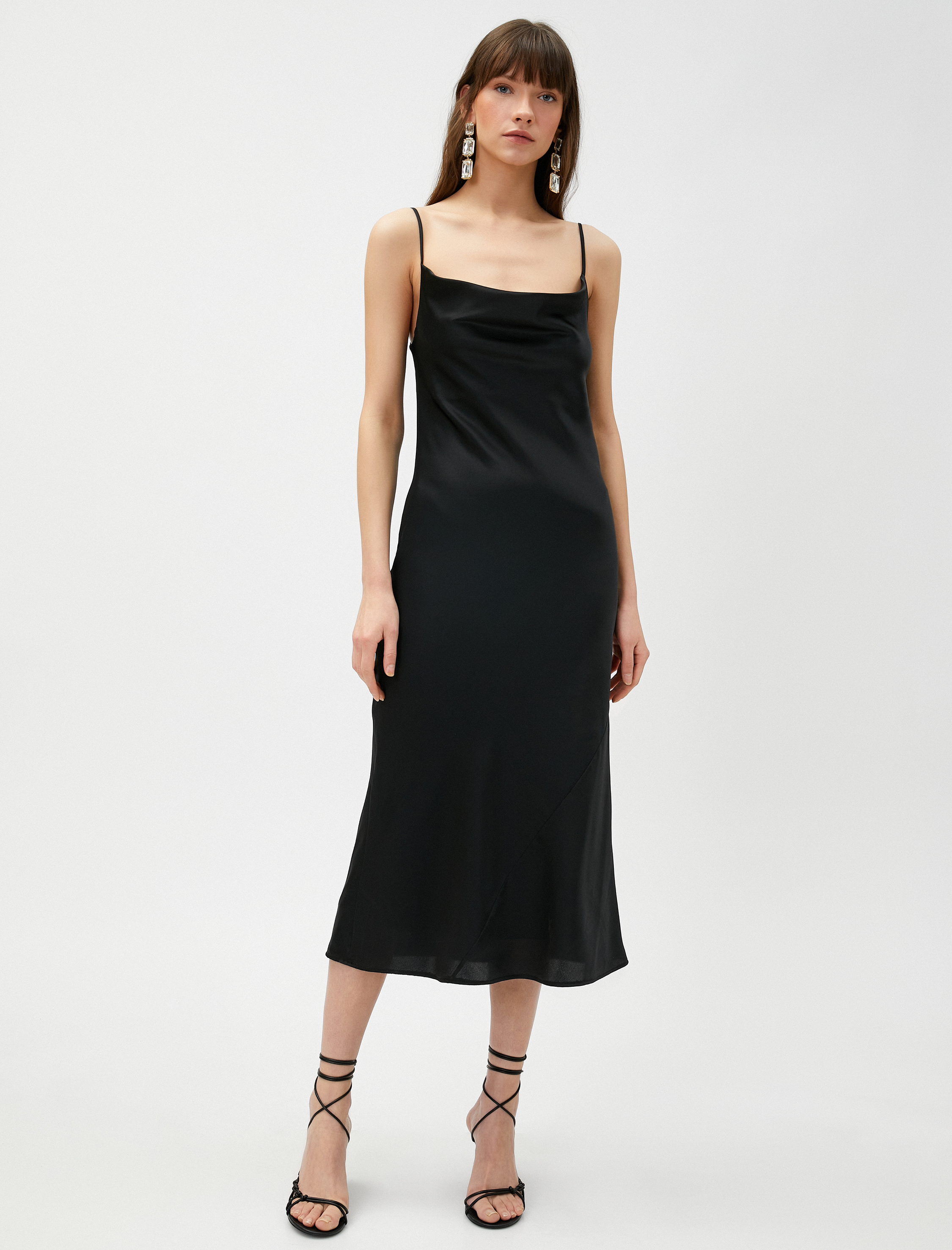 Saten Midi Boy Abiye Elbise Askılı