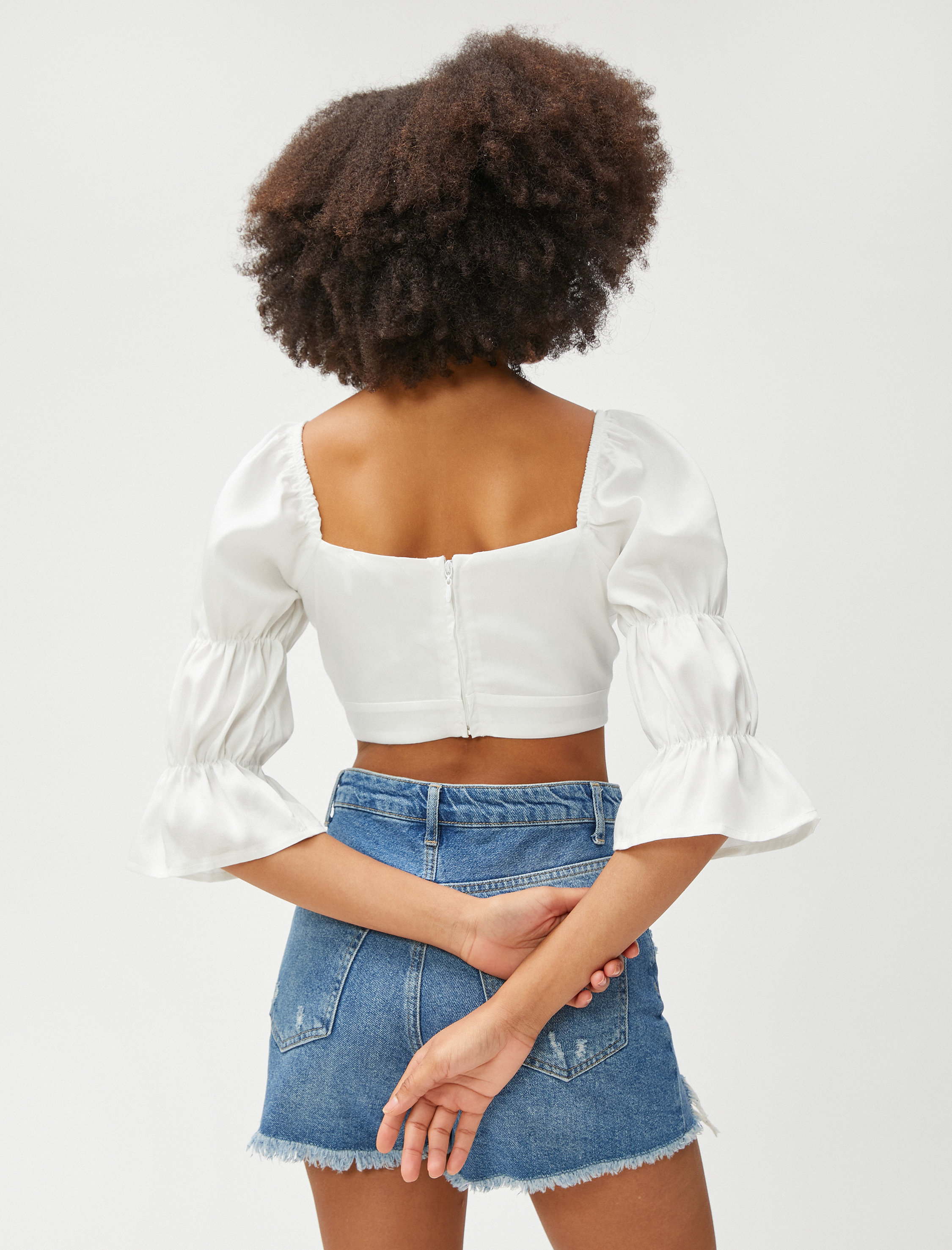   Crop Bluz Balon Kollu Kare Yaka Viskon