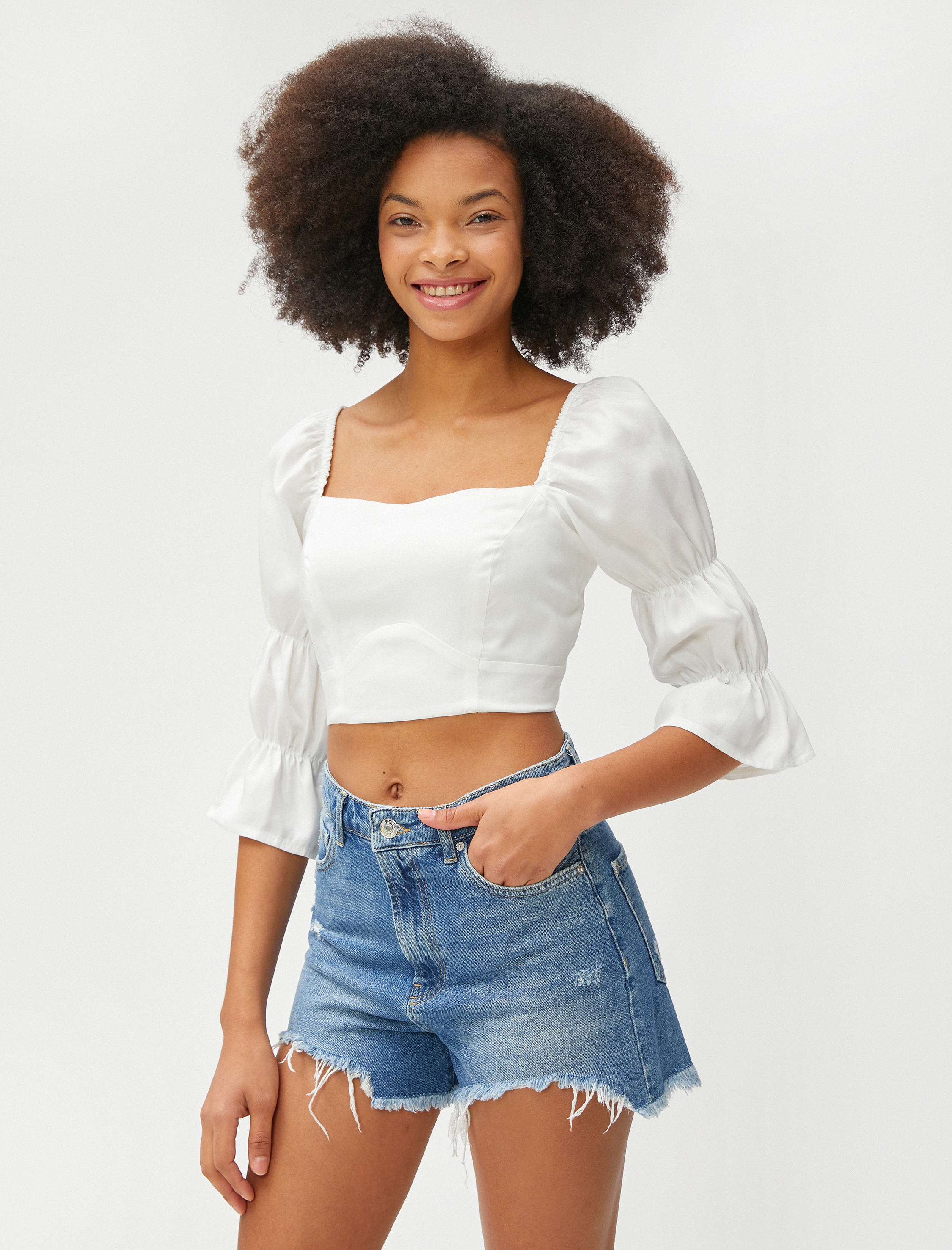   Crop Bluz Balon Kollu Kare Yaka Viskon