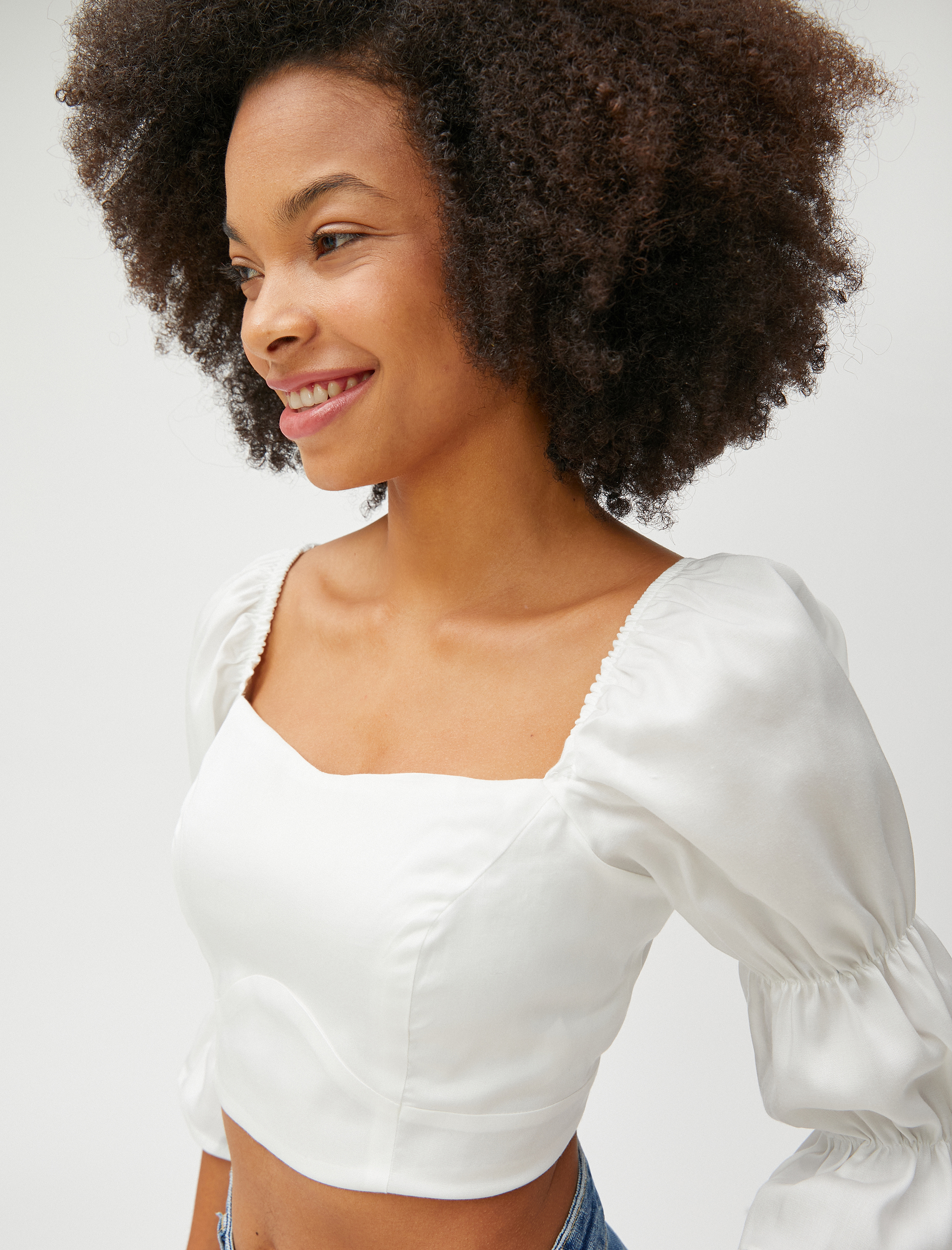   Crop Bluz Balon Kollu Kare Yaka Viskon