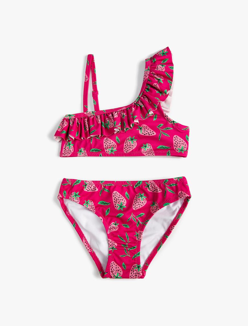  Kız Çocuk Bikini Takımı Fırfırlı Tek Omuz İnce Askılı