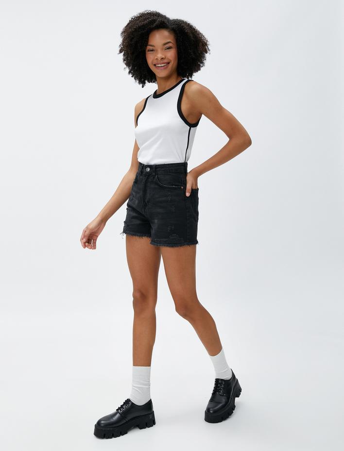  Crop Atlet Pamuklu Bisiklet Yaka Biye Detaylı