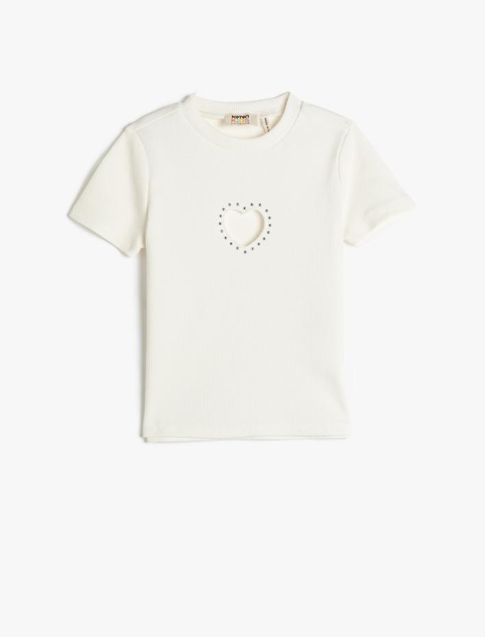 Kız Çocuk Crop Tişört Kısa Kollu Bisiklet Yaka Pencere Detaylı Pamuklu