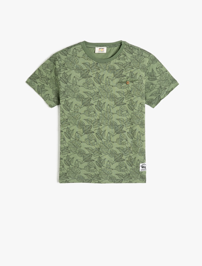 Erkek Çocuk Bisiklet Yaka Tişört Yaprak ve Papağan Baskılı Düğme Detaylı Pamuklu