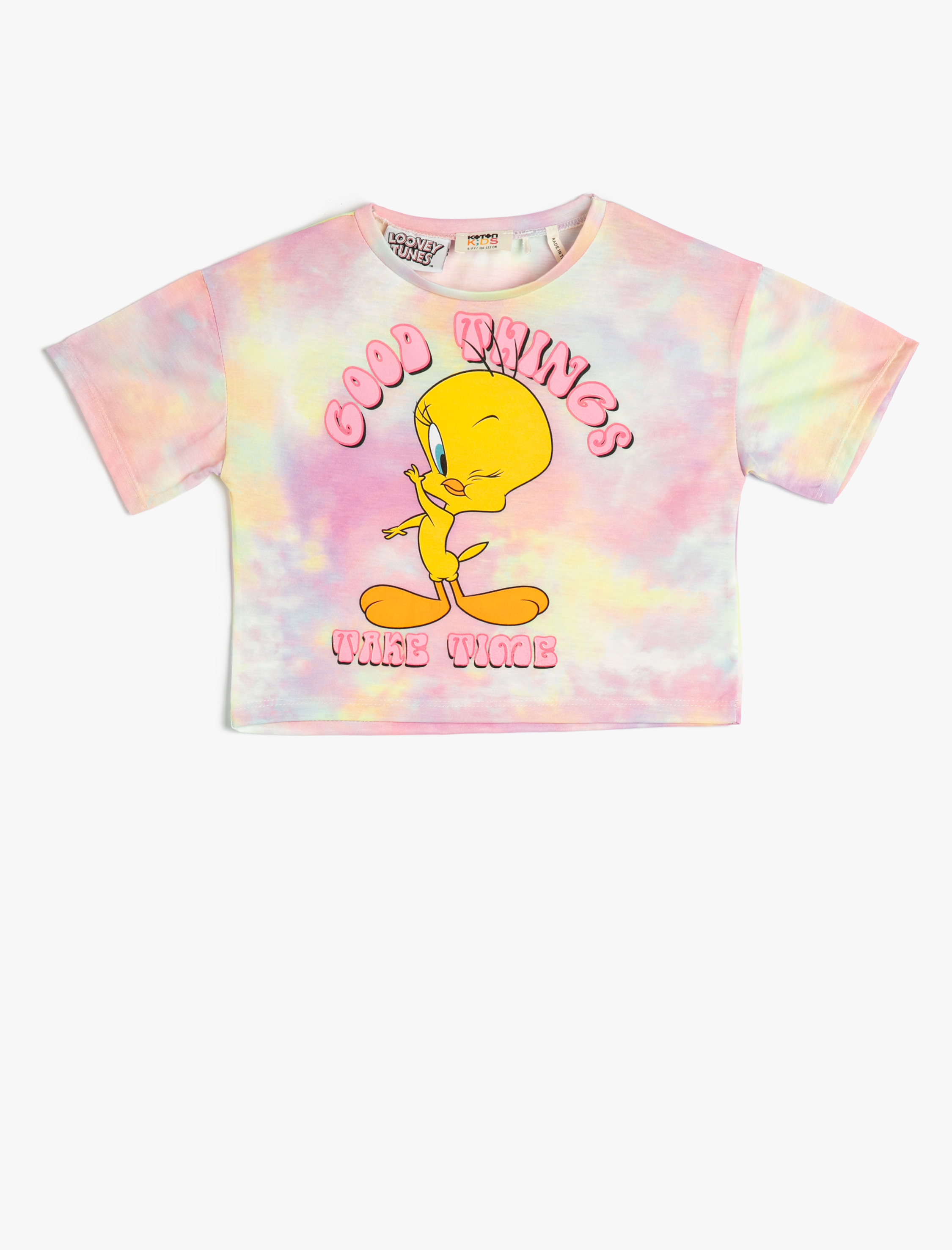  Kız Çocuk Tweety Tişört Lisanslı Oversize Kısa Kollu Bisiklet Yaka Batik Desenli