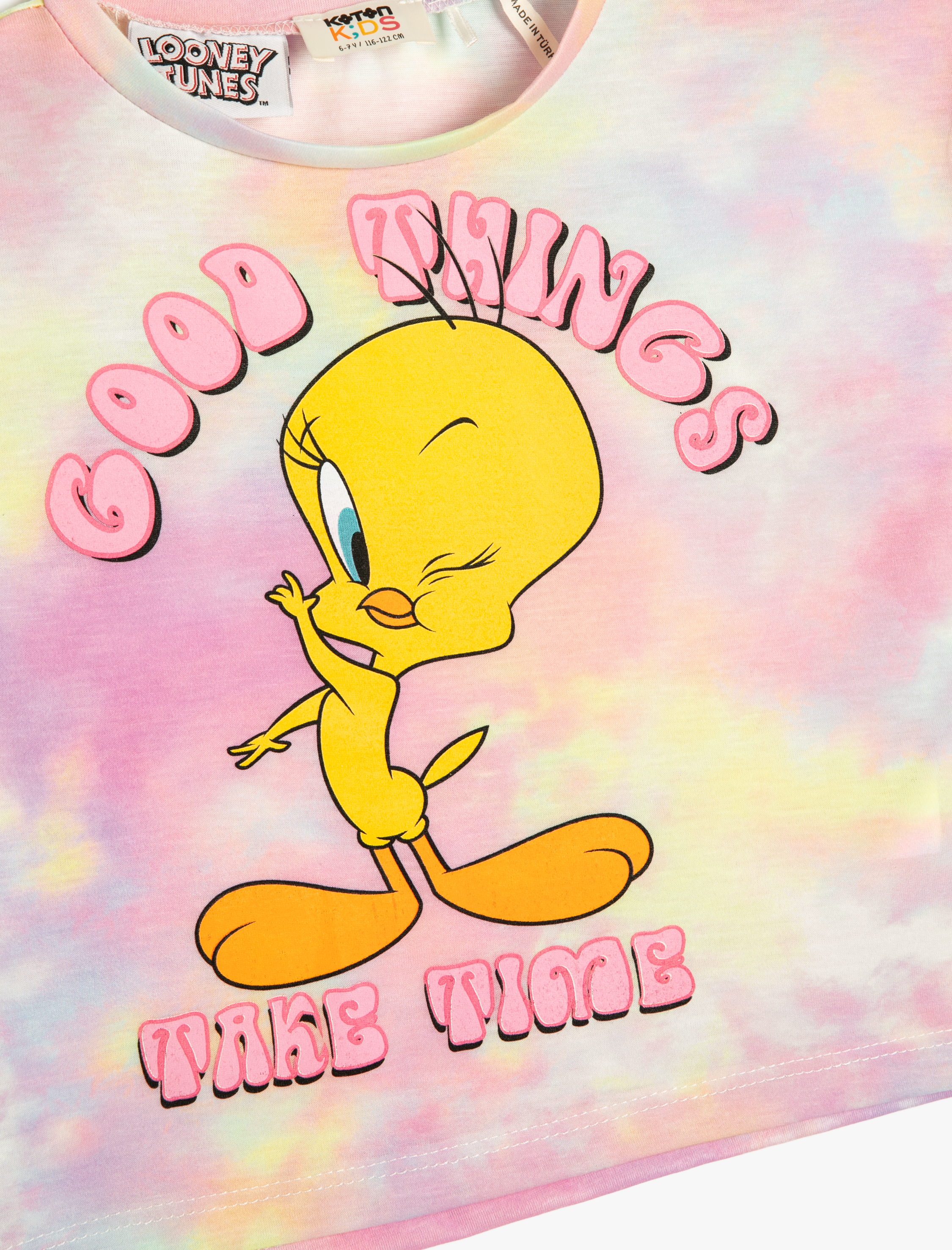  Kız Çocuk Tweety Tişört Lisanslı Oversize Kısa Kollu Bisiklet Yaka Batik Desenli