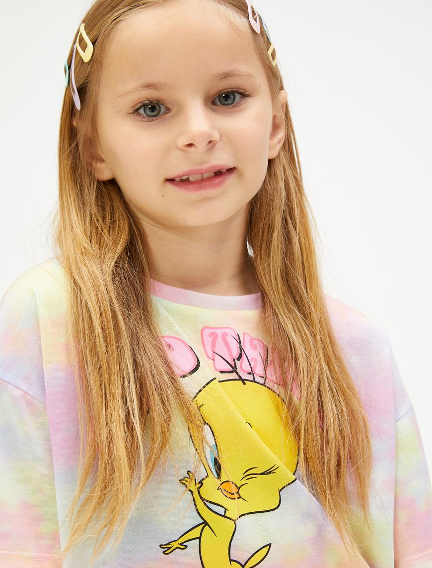  Kız Çocuk Tweety Tişört Lisanslı Oversize Kısa Kollu Bisiklet Yaka Batik Desenli
