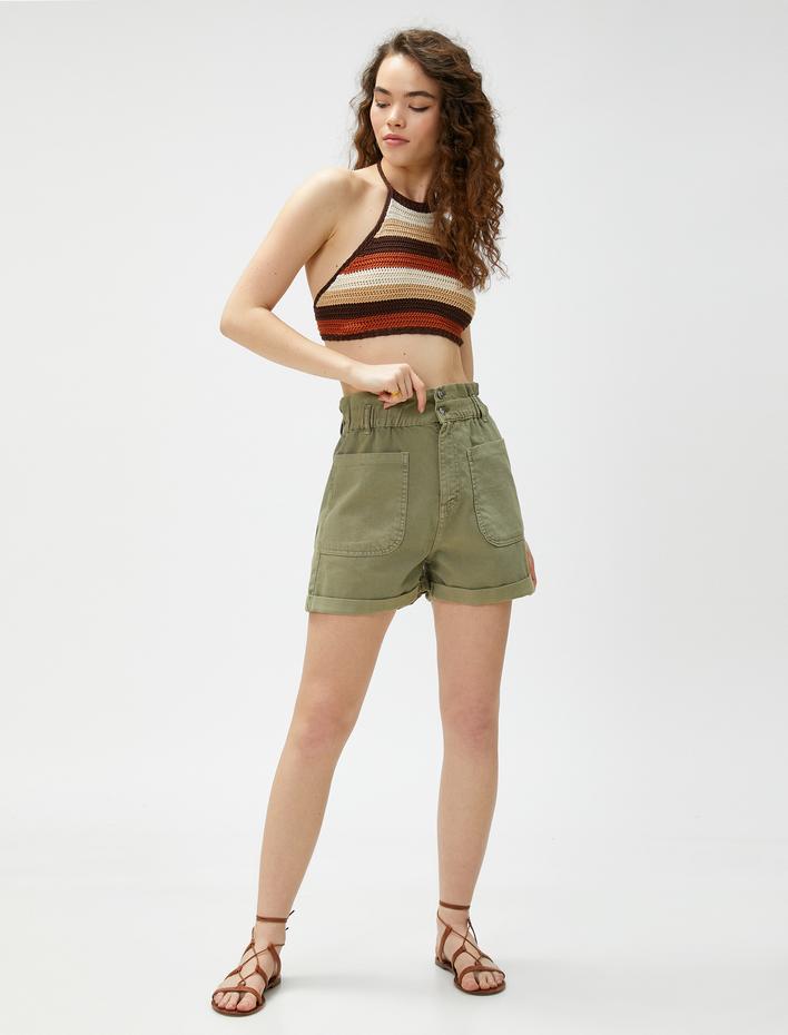  Kot Şort Yüksek Bel Cep Detaylı Düğmeli Pamuklu