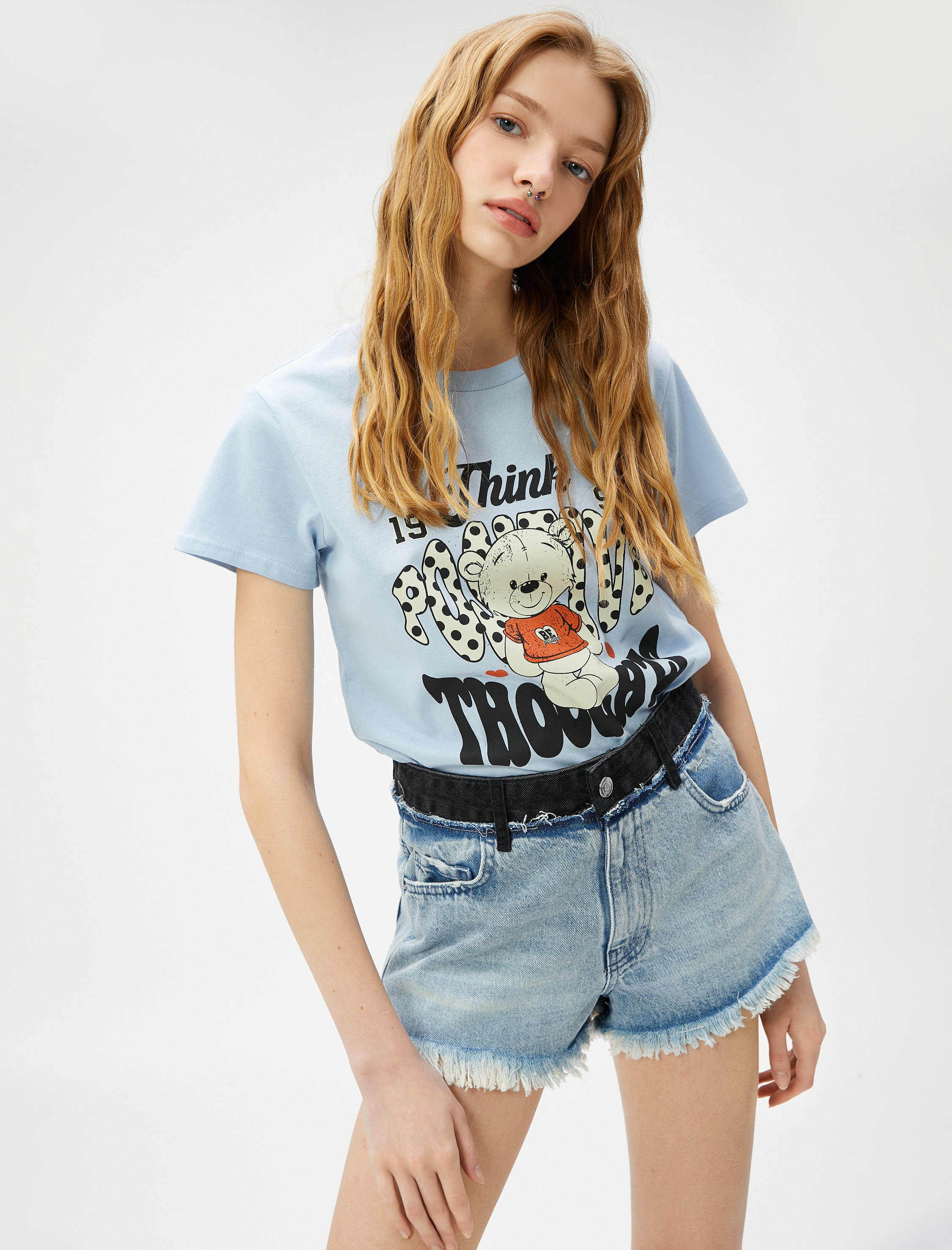   Baskılı Tişört Bisiklet Yaka Kısa Kollu Pamuklu