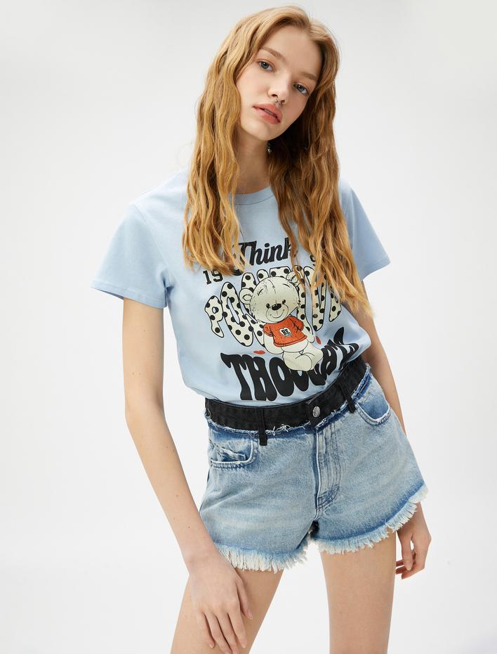  Baskılı Tişört Bisiklet Yaka Kısa Kollu Pamuklu