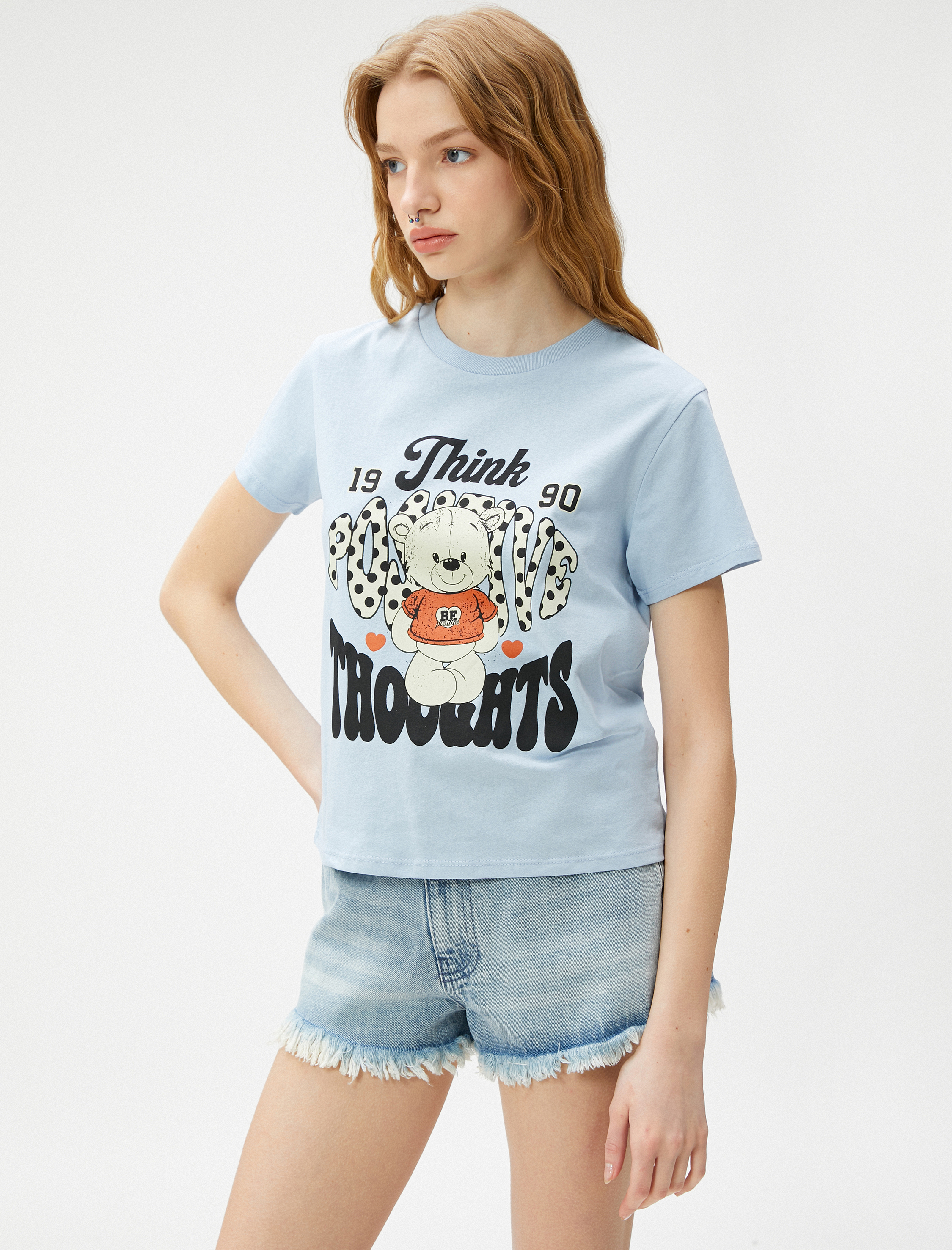   Baskılı Tişört Bisiklet Yaka Kısa Kollu Pamuklu