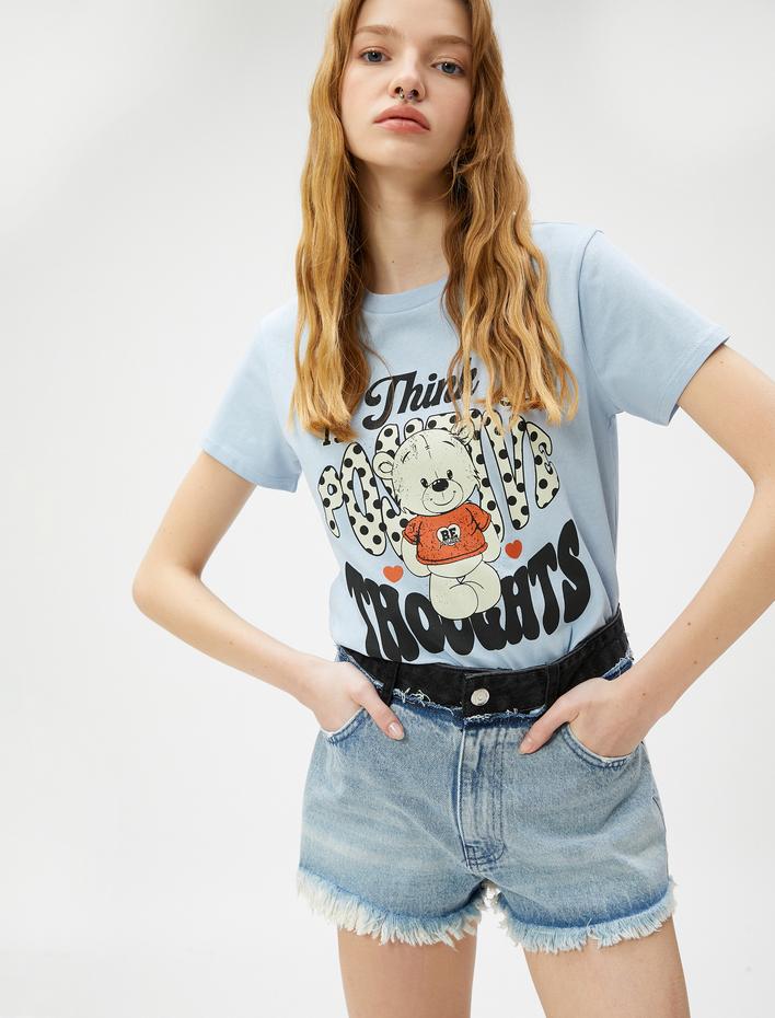  Baskılı Tişört Bisiklet Yaka Kısa Kollu Pamuklu