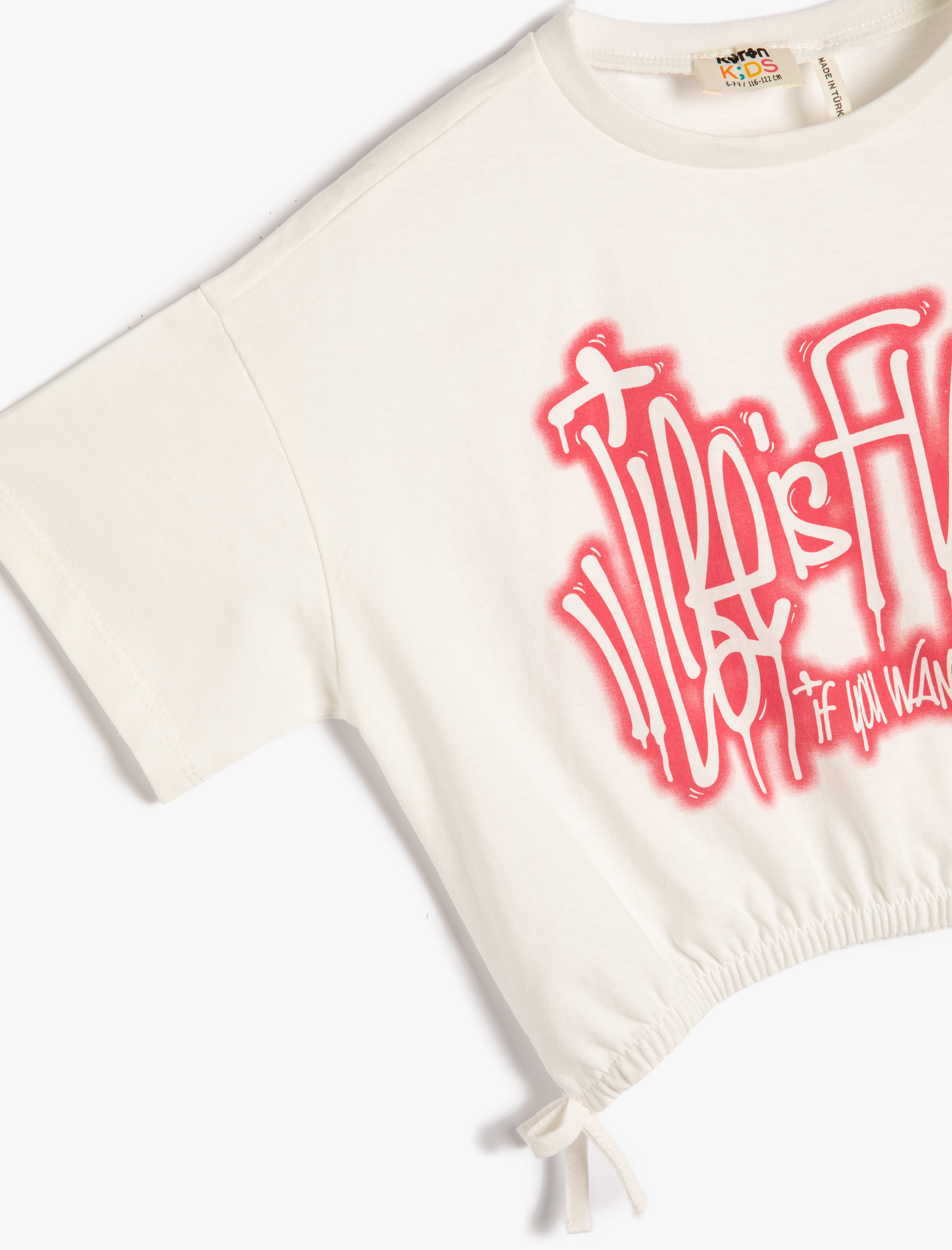  Kız Çocuk Crop Tişört Grafiti Baskılı Beli Lastikli Kısa Kollu Pamuklu