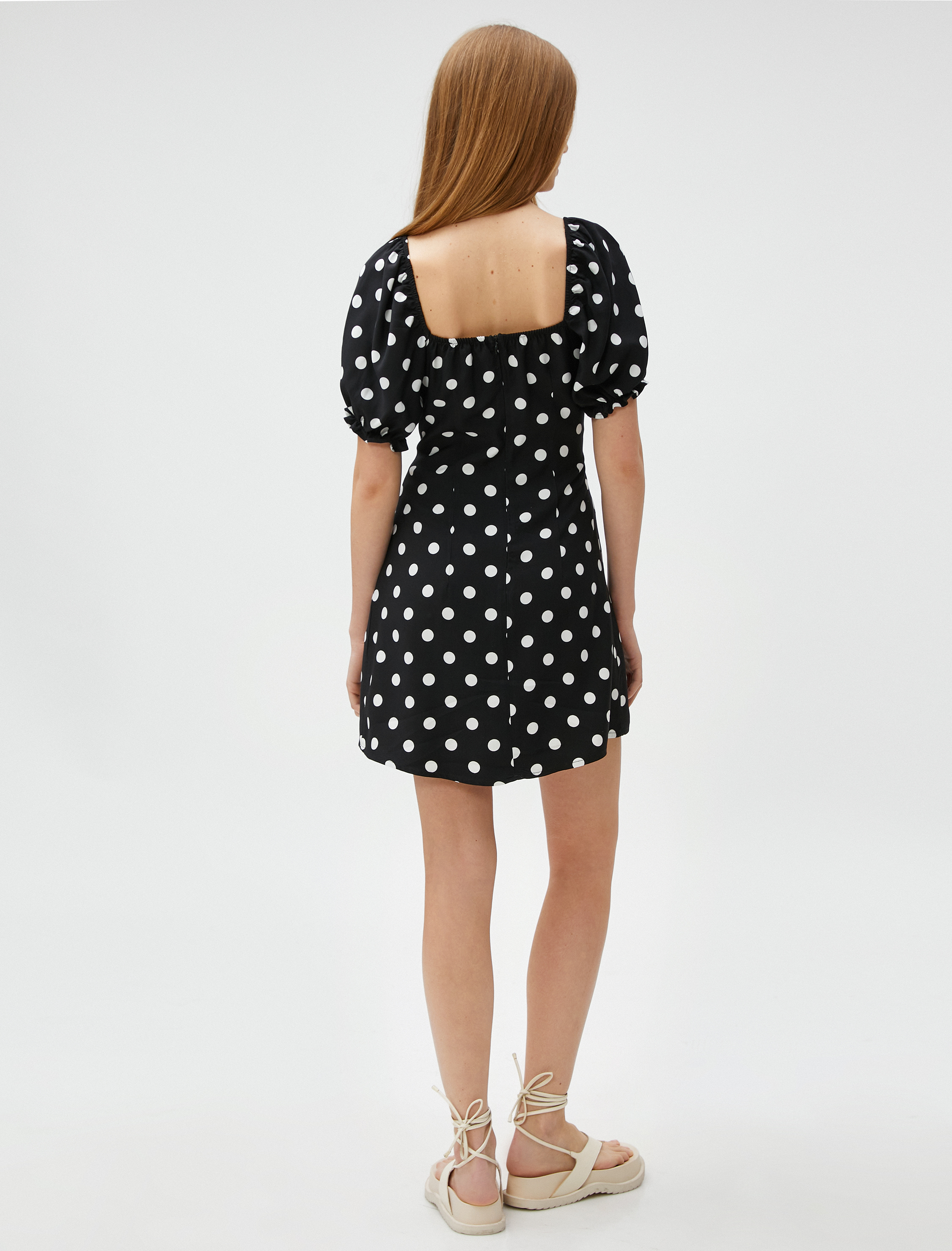   Mini Puantiyeli Elbise Balon Kollu Önü Drapeli