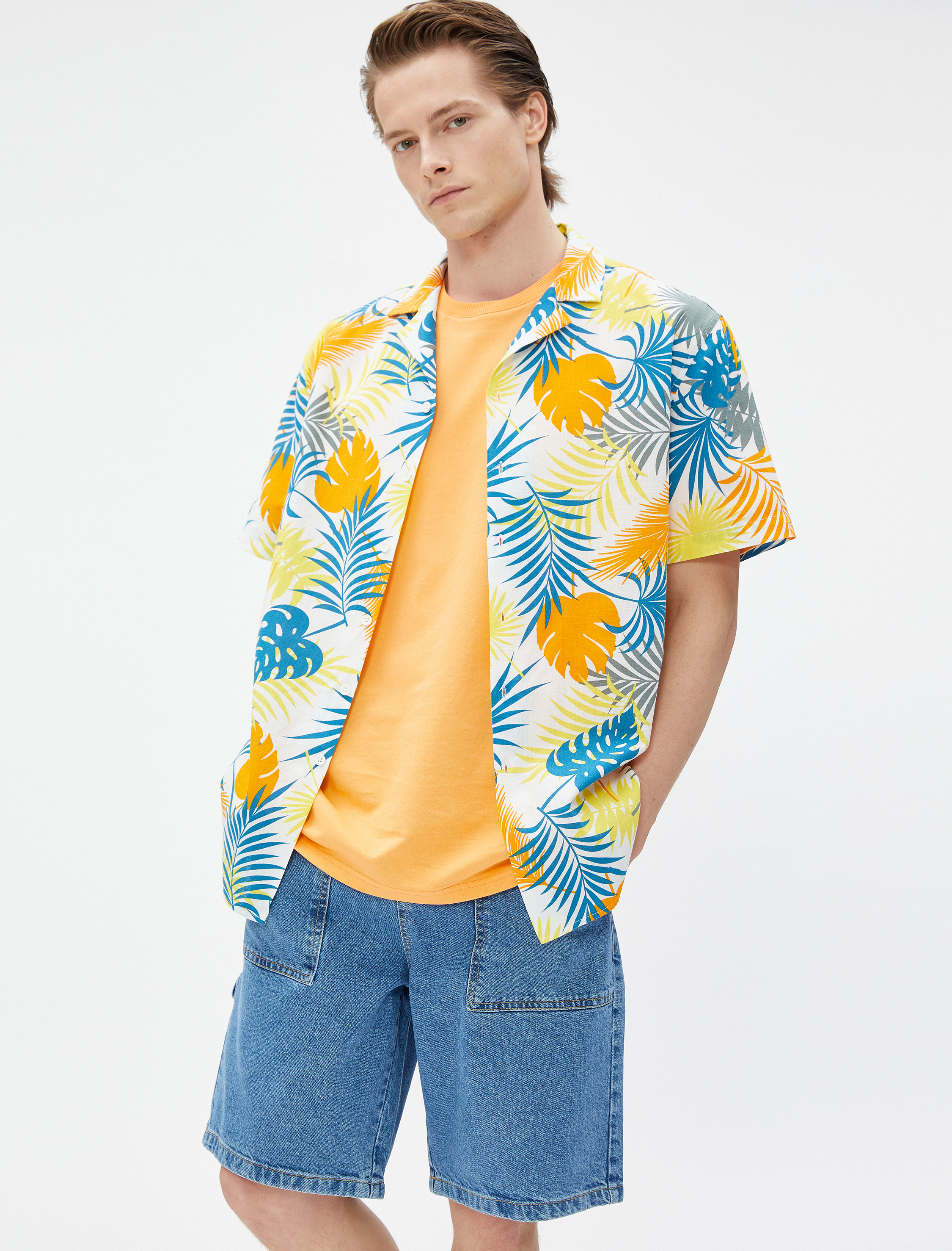   Bermuda Kot Şort Dikiş Detaylı Cepli Düğmeli Pamuklu