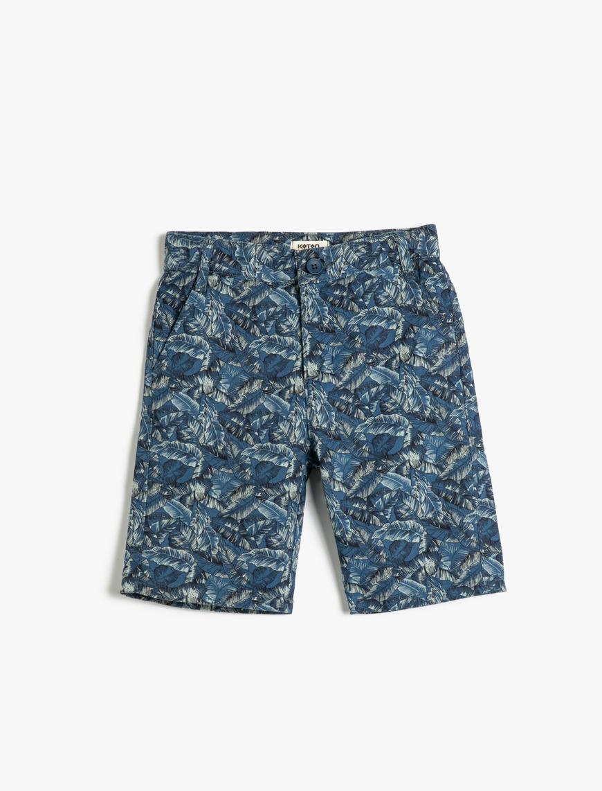  Erkek Çocuk Chino Şort Cepli Floral Desenli Pamuklu