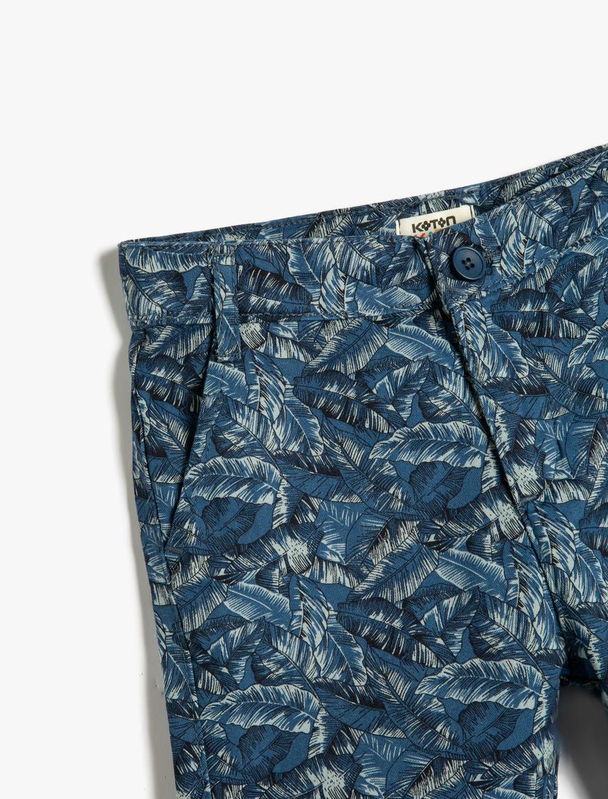 Erkek Çocuk Chino Şort Cepli Floral Desenli Pamuklu