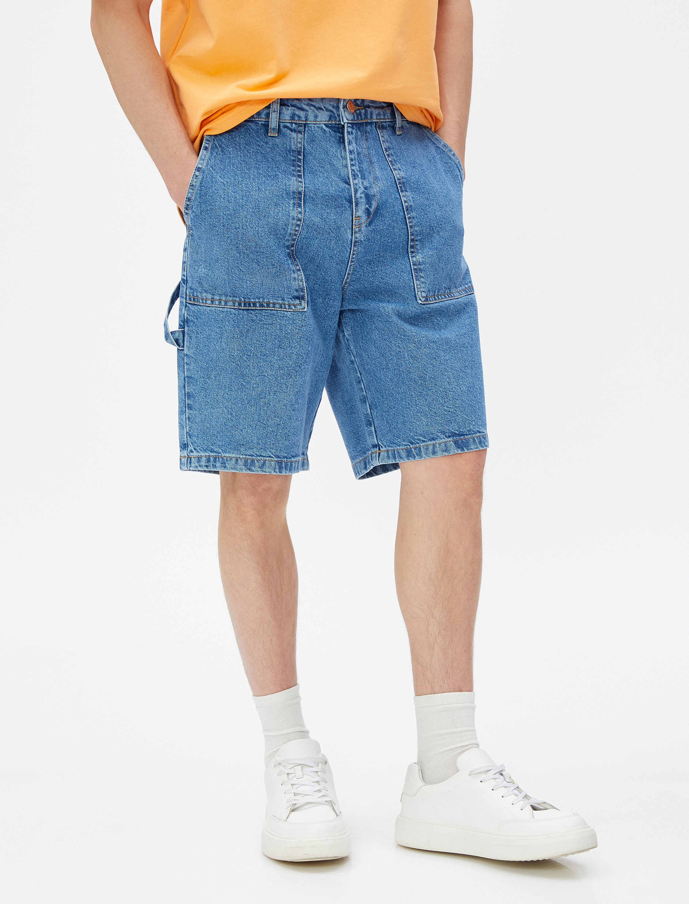   Bermuda Kot Şort Dikiş Detaylı Cepli Düğmeli Pamuklu