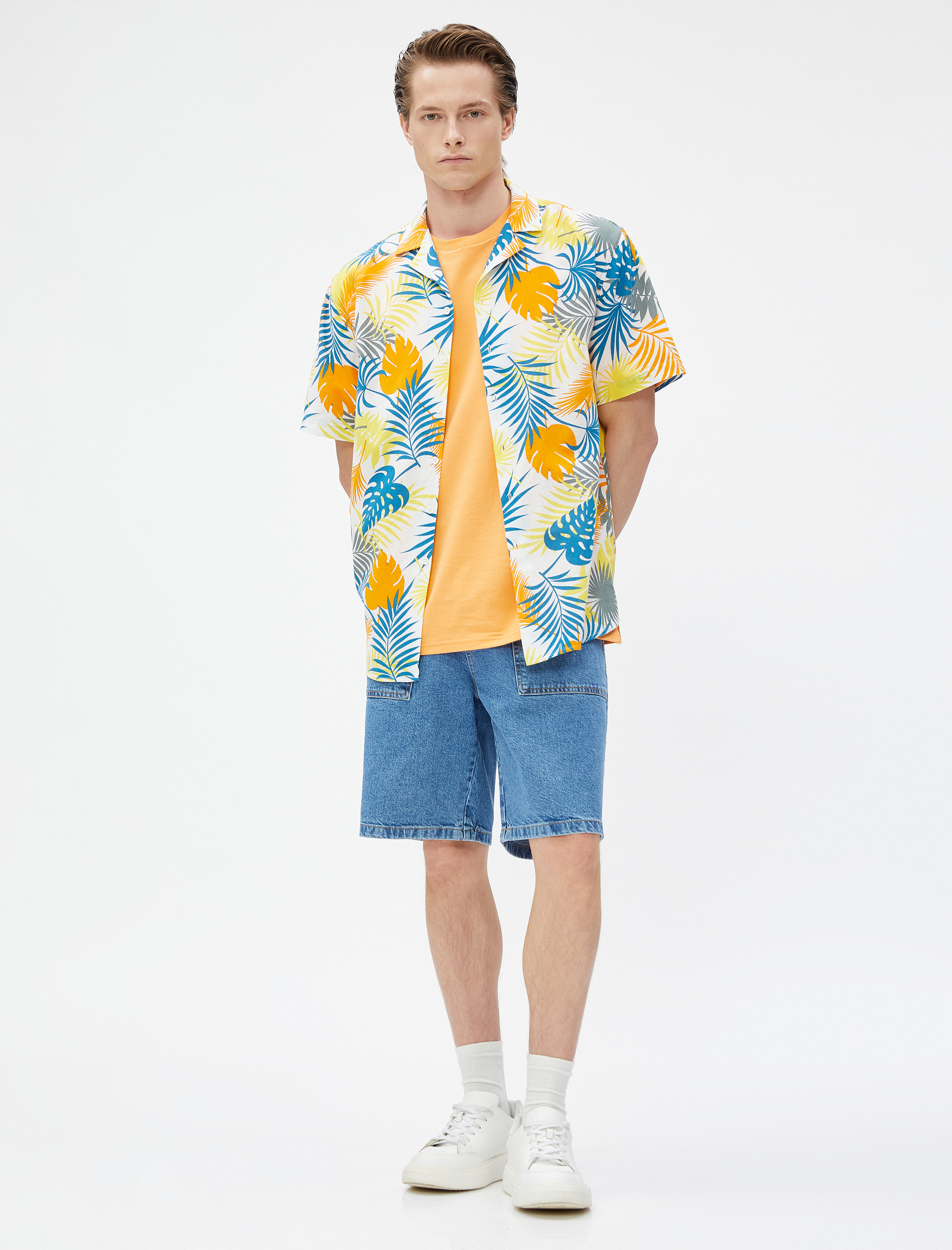   Bermuda Kot Şort Dikiş Detaylı Cepli Düğmeli Pamuklu