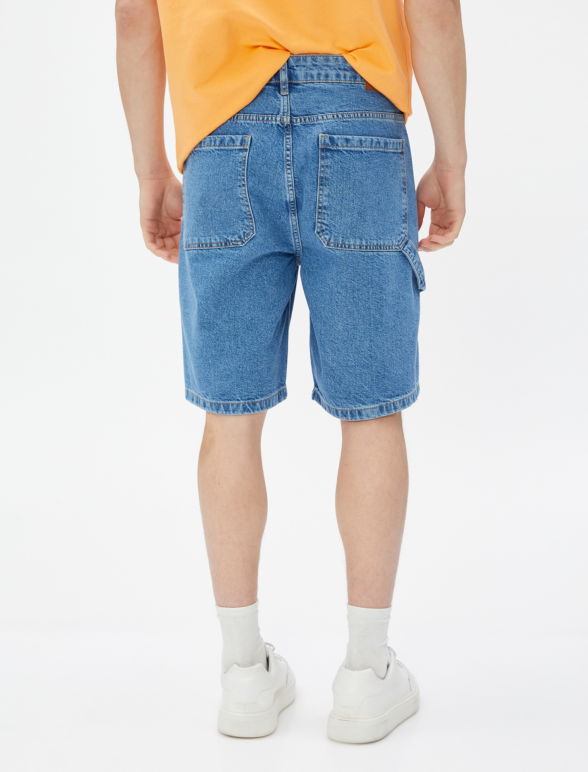   Bermuda Kot Şort Dikiş Detaylı Cepli Düğmeli Pamuklu