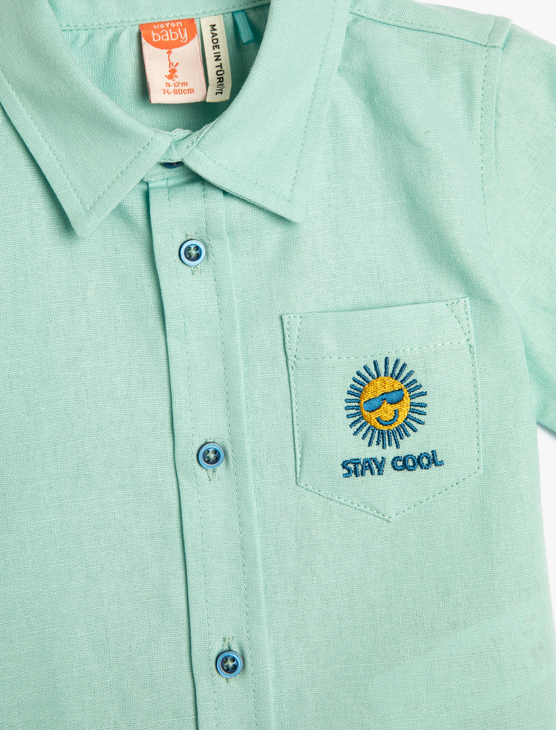  Erkek Bebek Keten Karışımlı Gömlek Kısa Kollu Cepli İşleme Detaylı