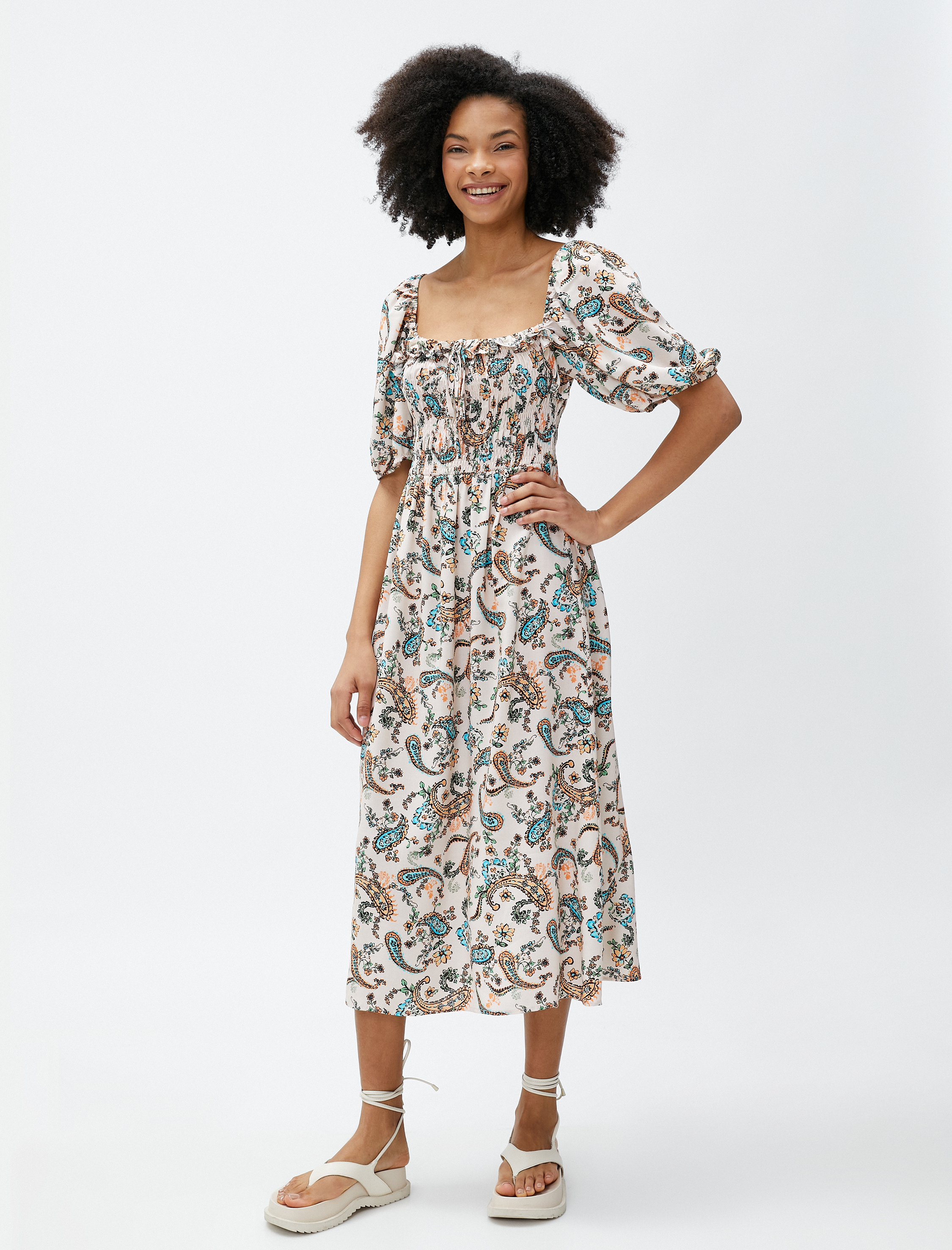   Viskon Elbise Midi Balon Kollu Kare Yaka Gipeli Bağlama Detaylı