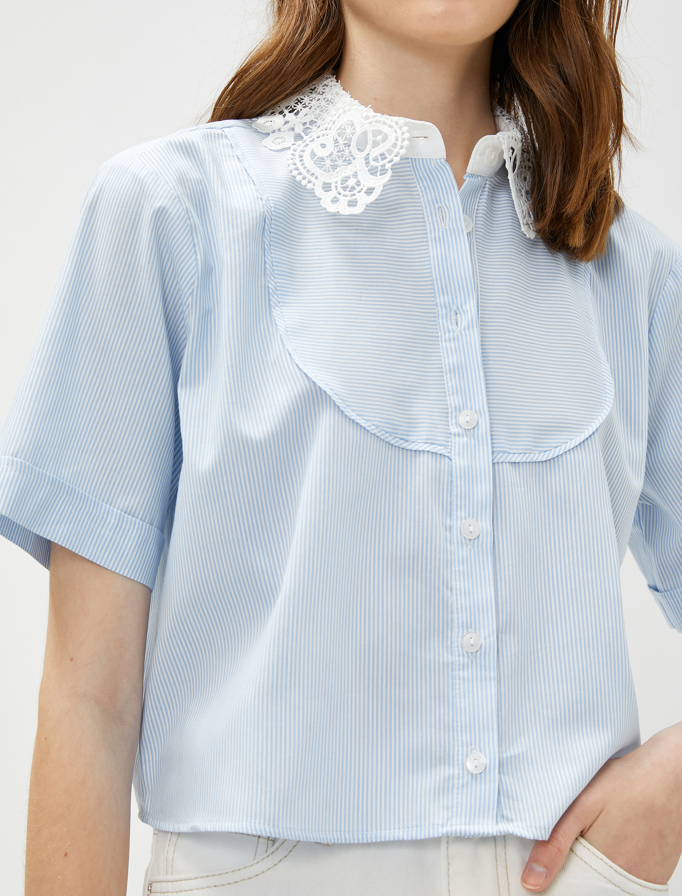   Dantel Yaka Crop Gömlek Kısa Kollu