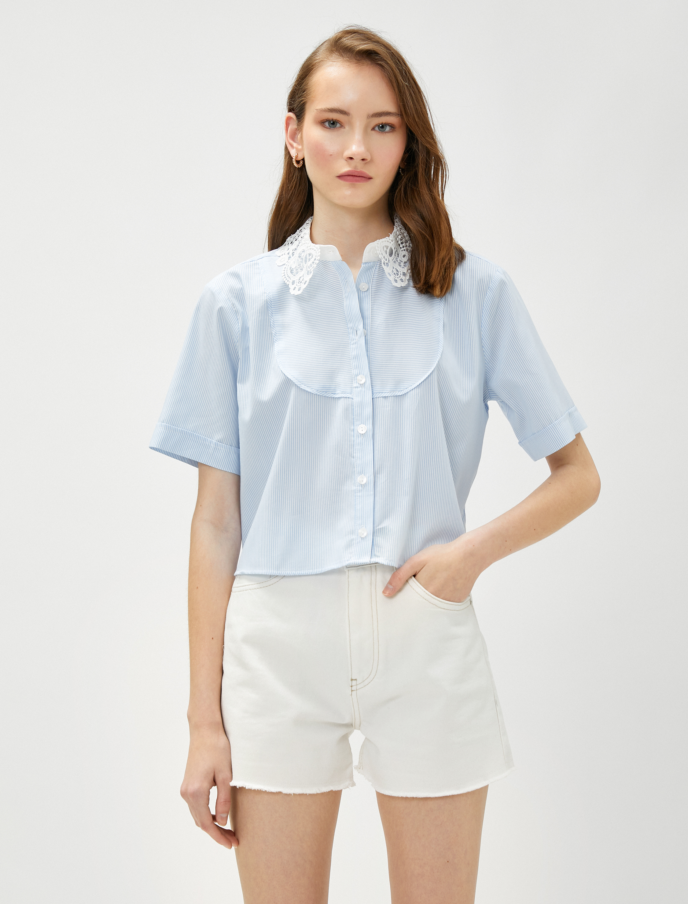   Dantel Yaka Crop Gömlek Kısa Kollu