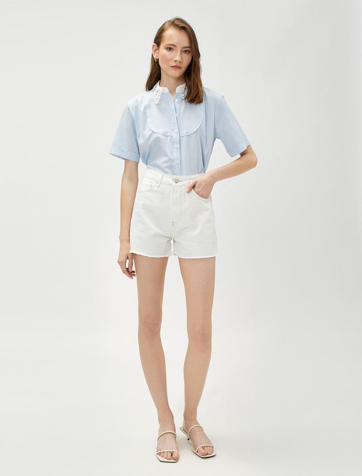  Dantel Yaka Crop Gömlek Kısa Kollu