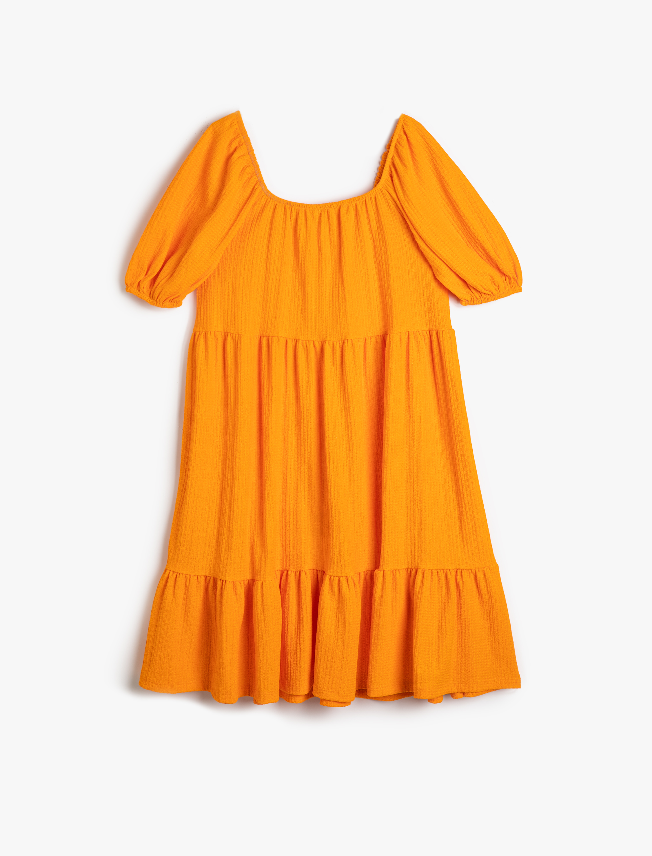  Kız Çocuk Elbise Midi Fırfırlı Rahat Kesim Kısa Kollu Kare Yaka