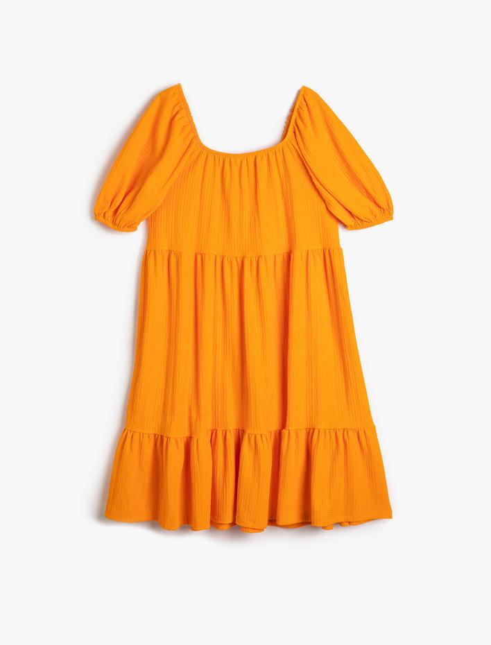 Kız Çocuk Elbise Midi Fırfırlı Rahat Kesim Kısa Kollu Kare Yaka