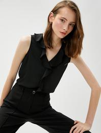 Volanlı Kolsuz Bluz V Yaka