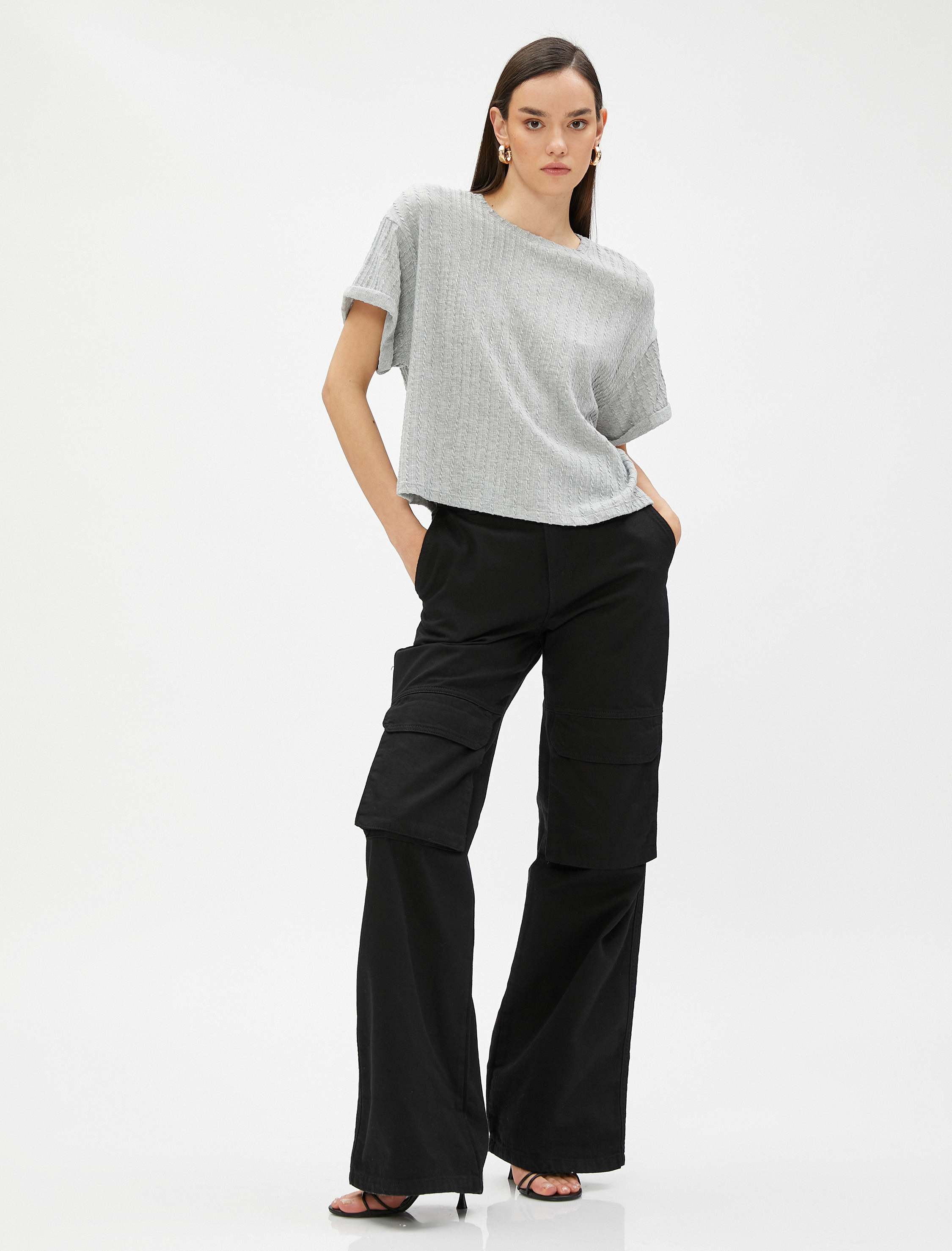   Crop Tişört Kısa Kollu Örgü Motifli