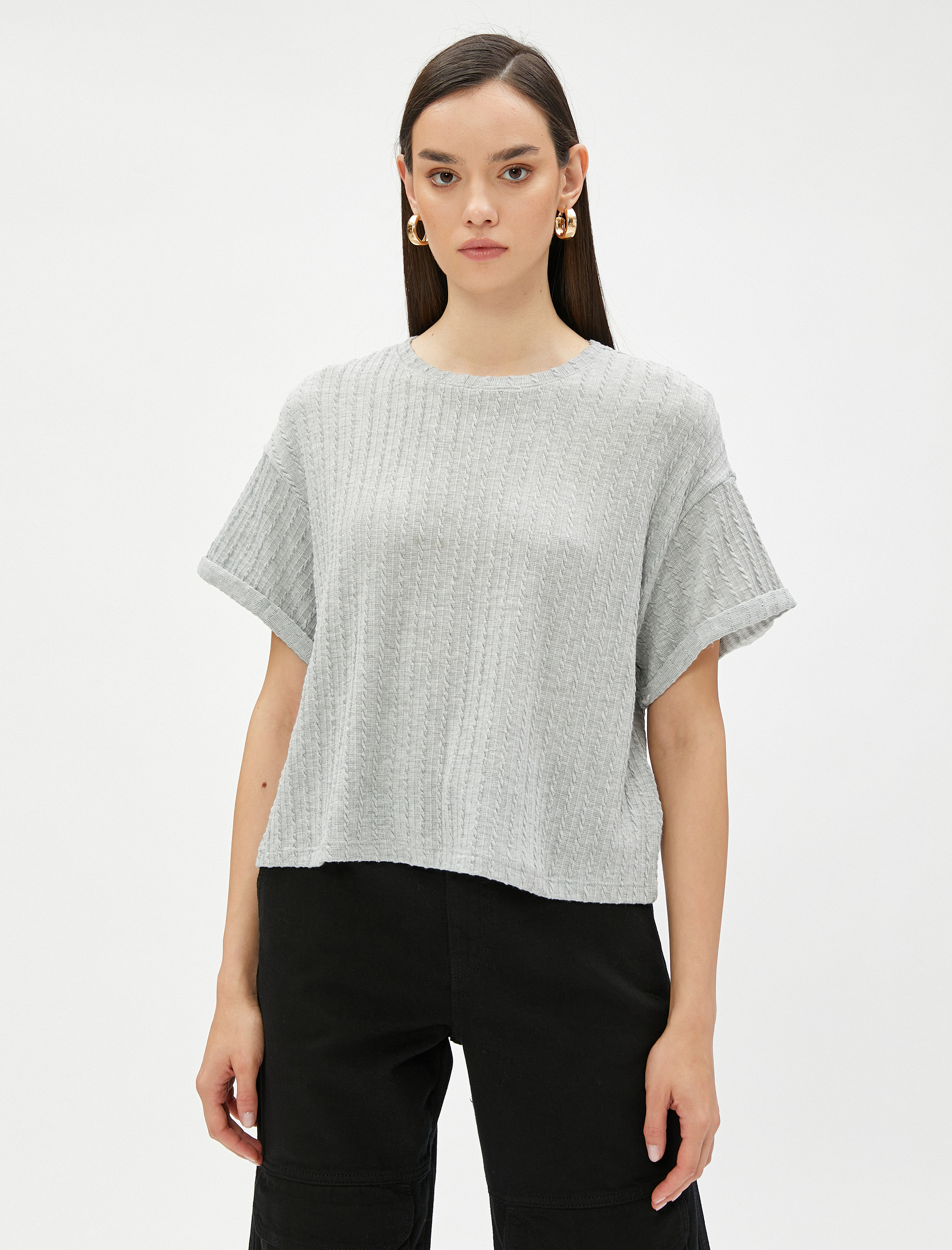   Crop Tişört Kısa Kollu Örgü Motifli